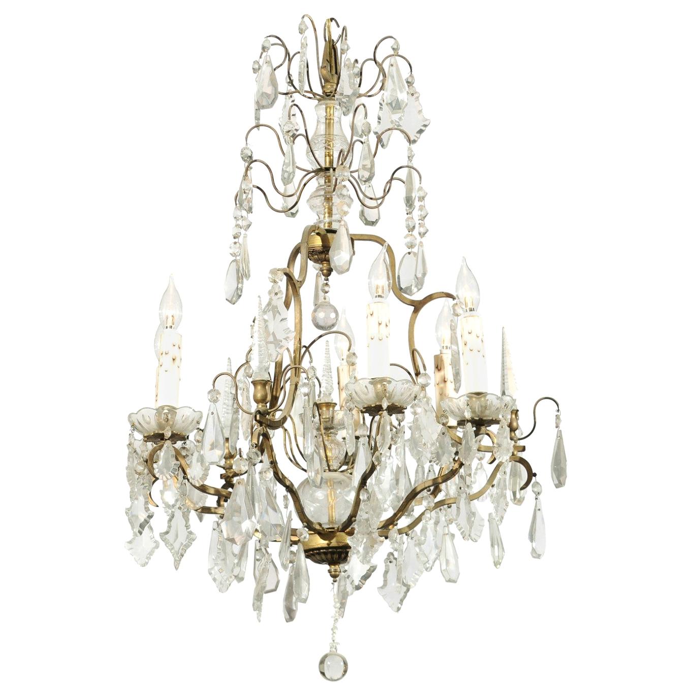 French 19th Century Crystal and Bronze Six-Light Chandelier with Obelisks