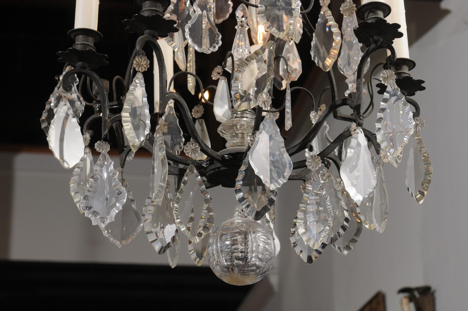French 19th Century Crystal and Iron Six-Light Chandelier with Pendeloques For Sale 7
