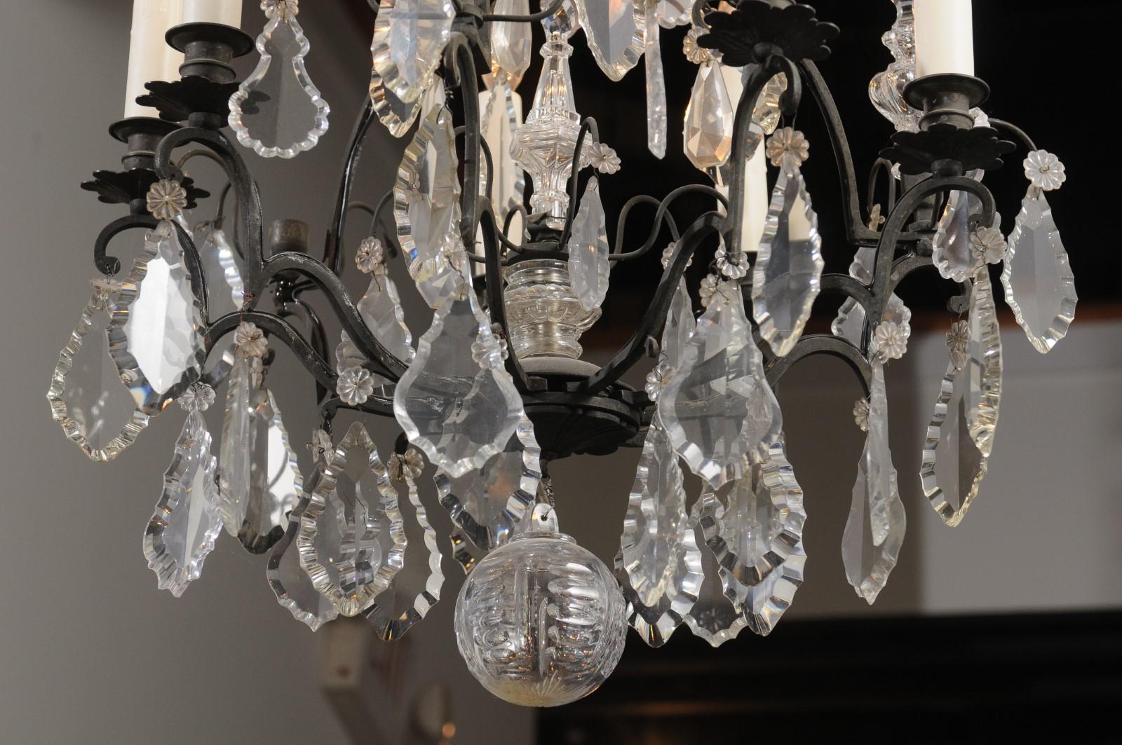 French 19th Century Crystal and Iron Six-Light Chandelier with Pendeloques In Good Condition For Sale In Atlanta, GA