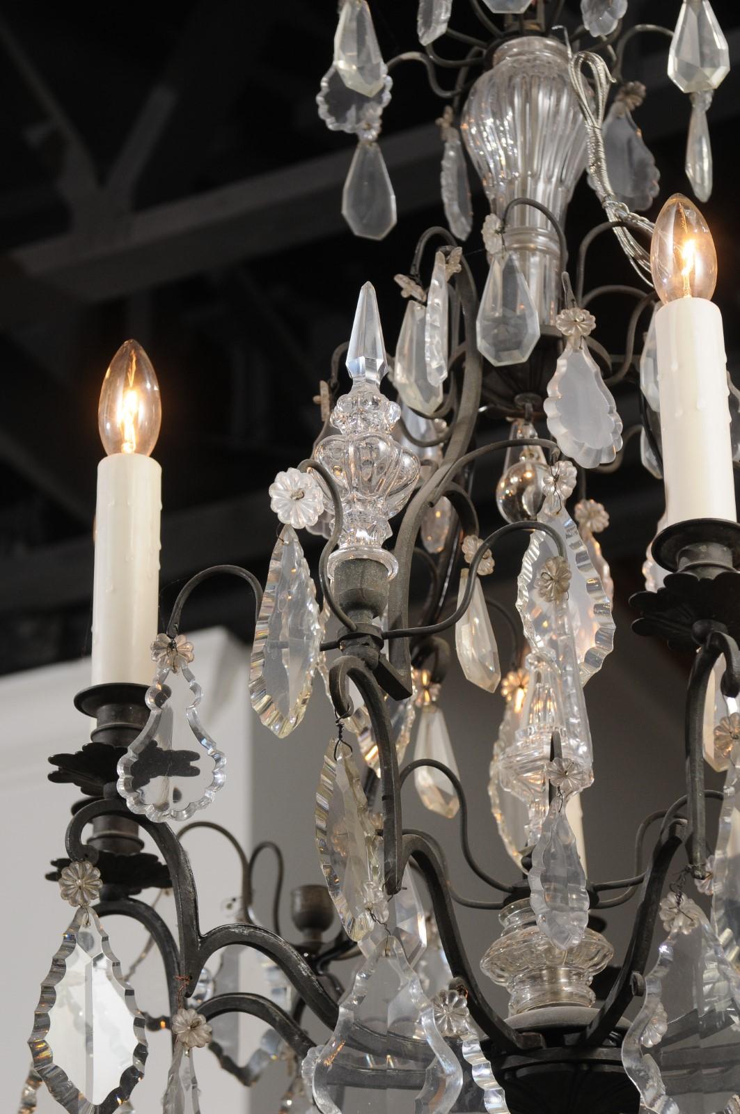 French 19th Century Crystal and Iron Six-Light Chandelier with Pendeloques For Sale 1