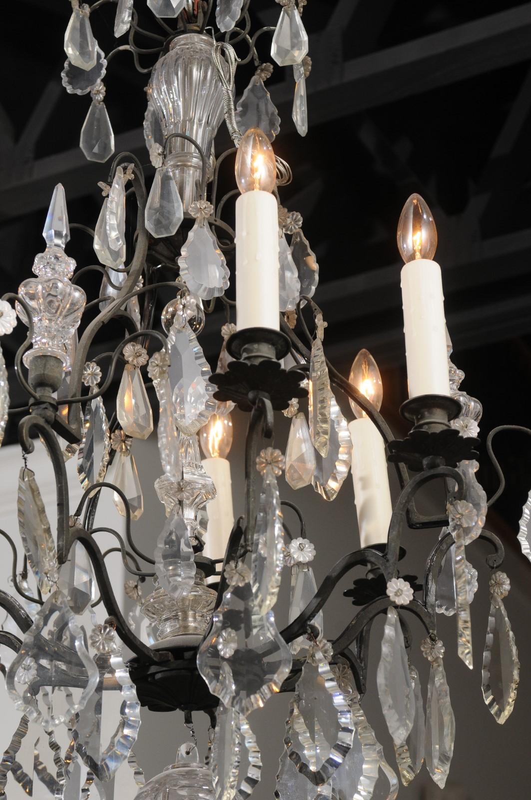 French 19th Century Crystal and Iron Six-Light Chandelier with Pendeloques For Sale 2