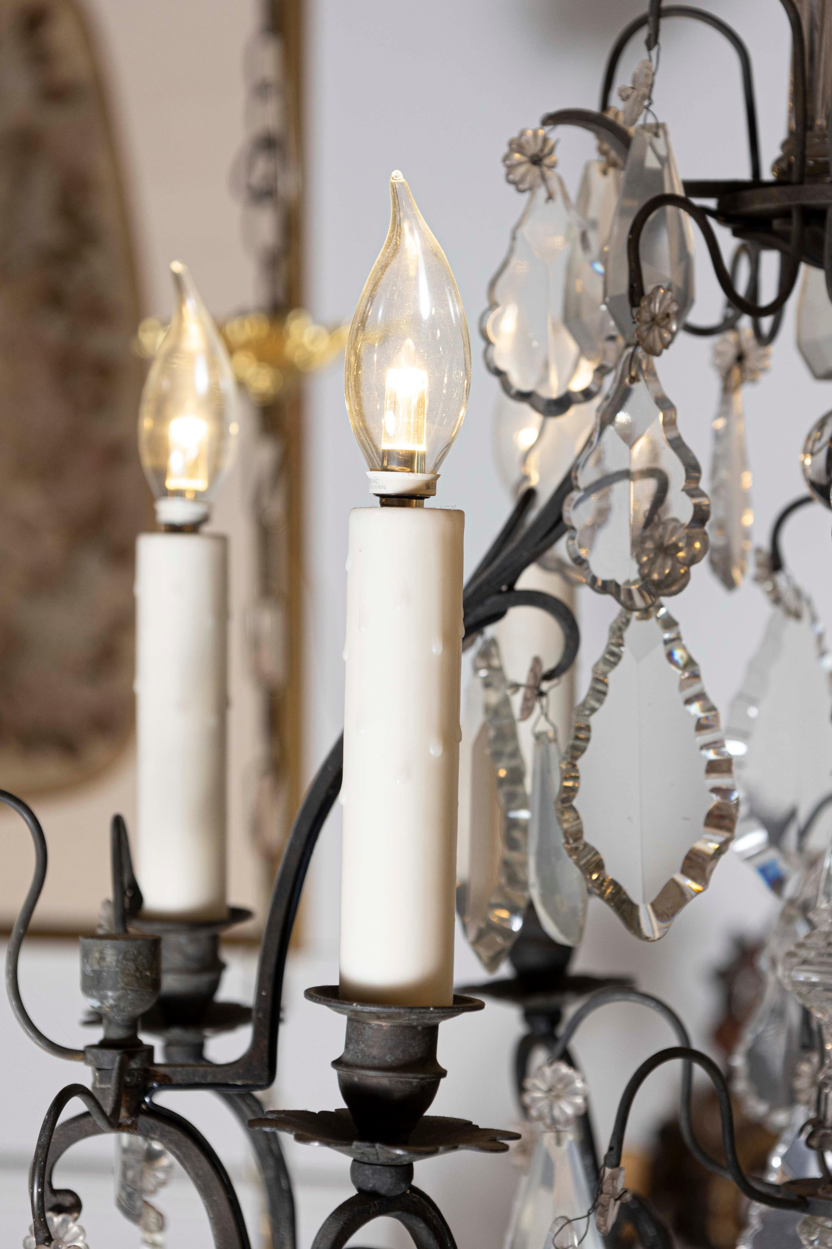 French 19th Century Crystal and Iron Six-Light Chandelier with Pendeloques For Sale 2