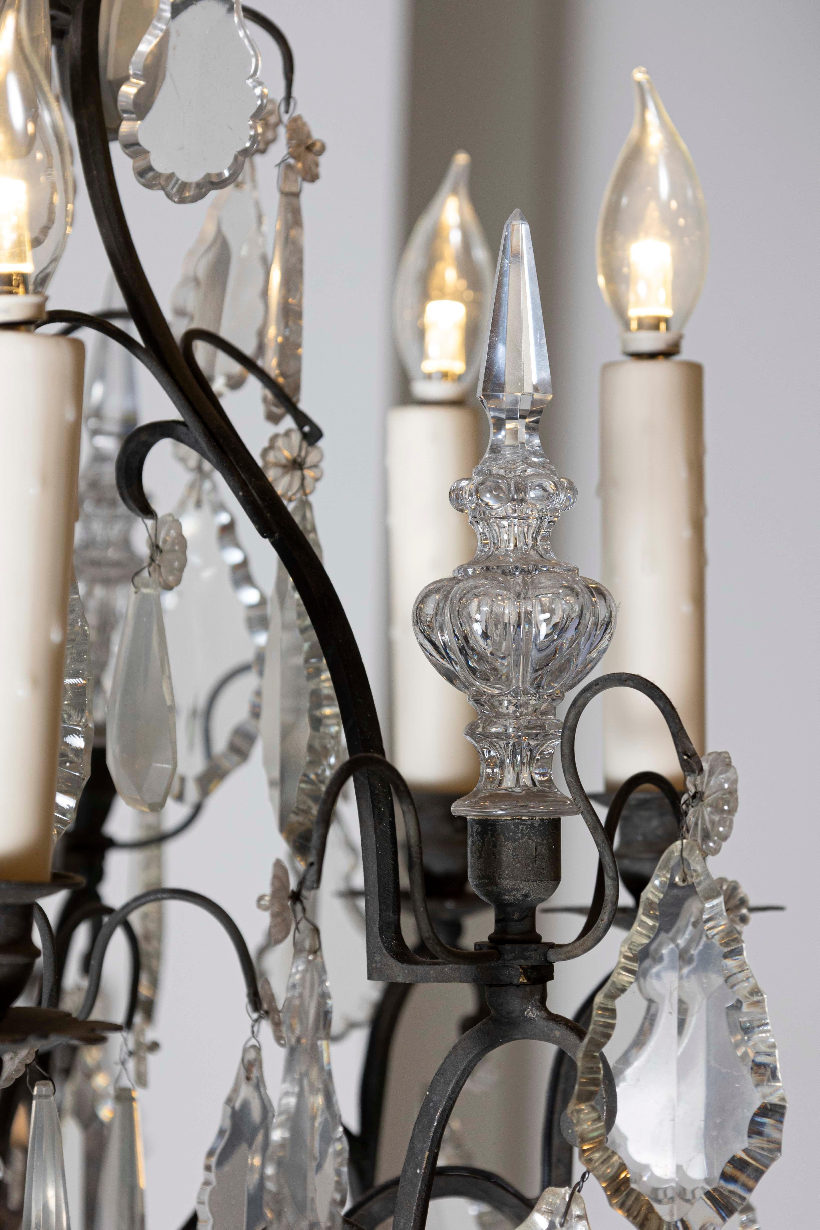 French 19th Century Crystal and Iron Six-Light Chandelier with Pendeloques For Sale 3