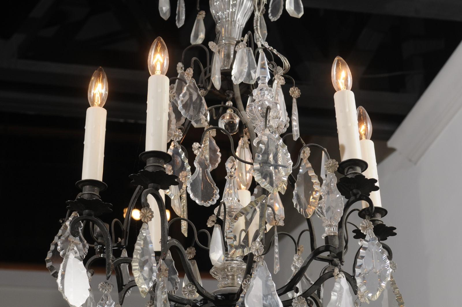French 19th Century Crystal and Iron Six-Light Chandelier with Pendeloques For Sale 6