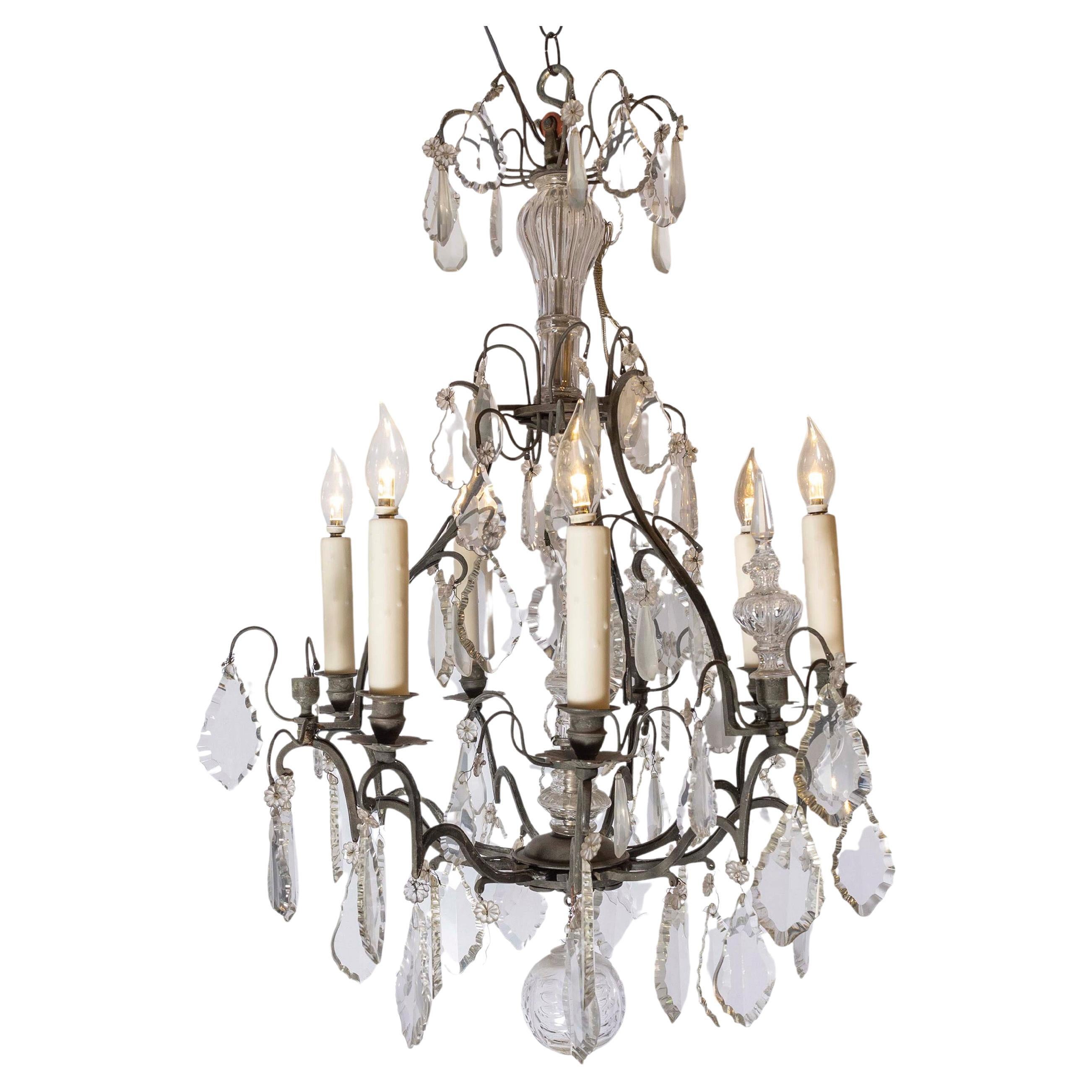French 19th Century Crystal and Iron Six-Light Chandelier with Pendeloques For Sale