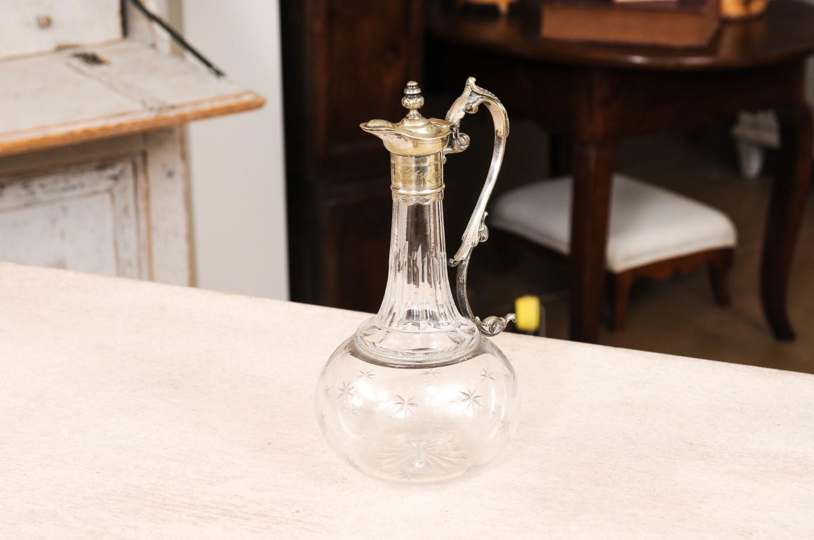 French 19th Century Crystal and Silver Wine Decanter with Cut Star Motifs 9