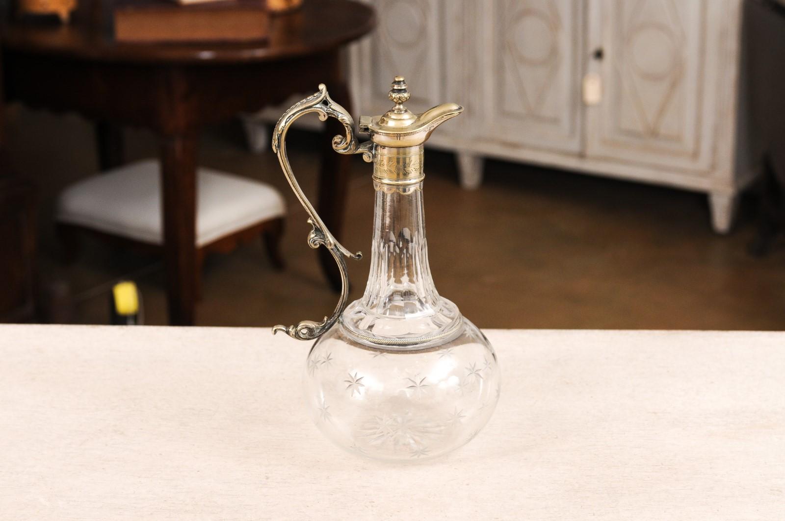 French 19th Century Crystal and Silver Wine Decanter with Cut Star Motifs 4