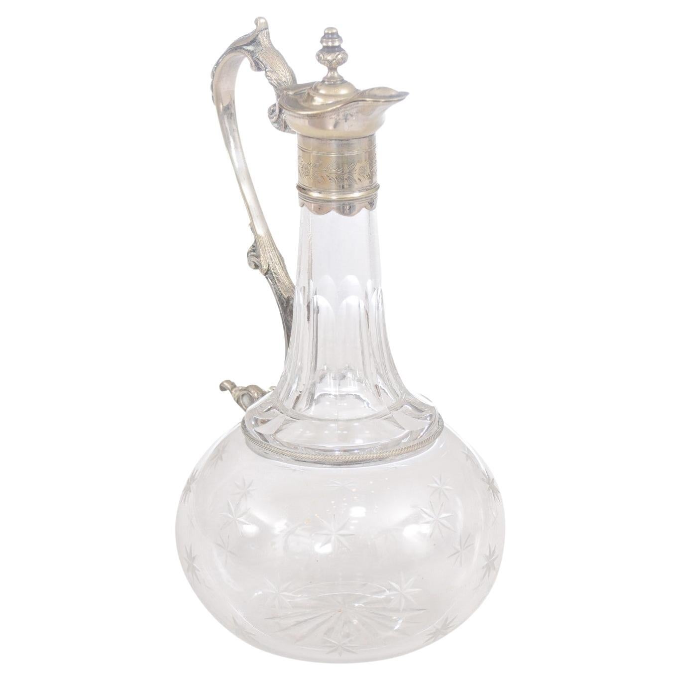 French 19th Century Crystal and Silver Wine Decanter with Cut Star Motifs