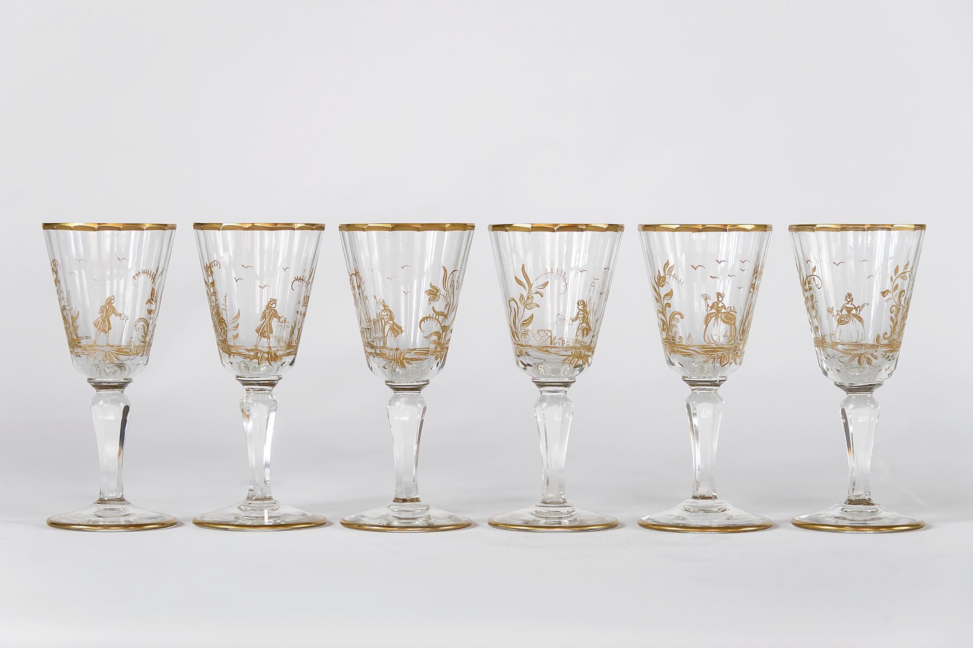 The set of 6 pieces. French liqueur glasses from 19th century.
Each glass is faceted, hand painted with different scene and gilt trims through the glass.


  