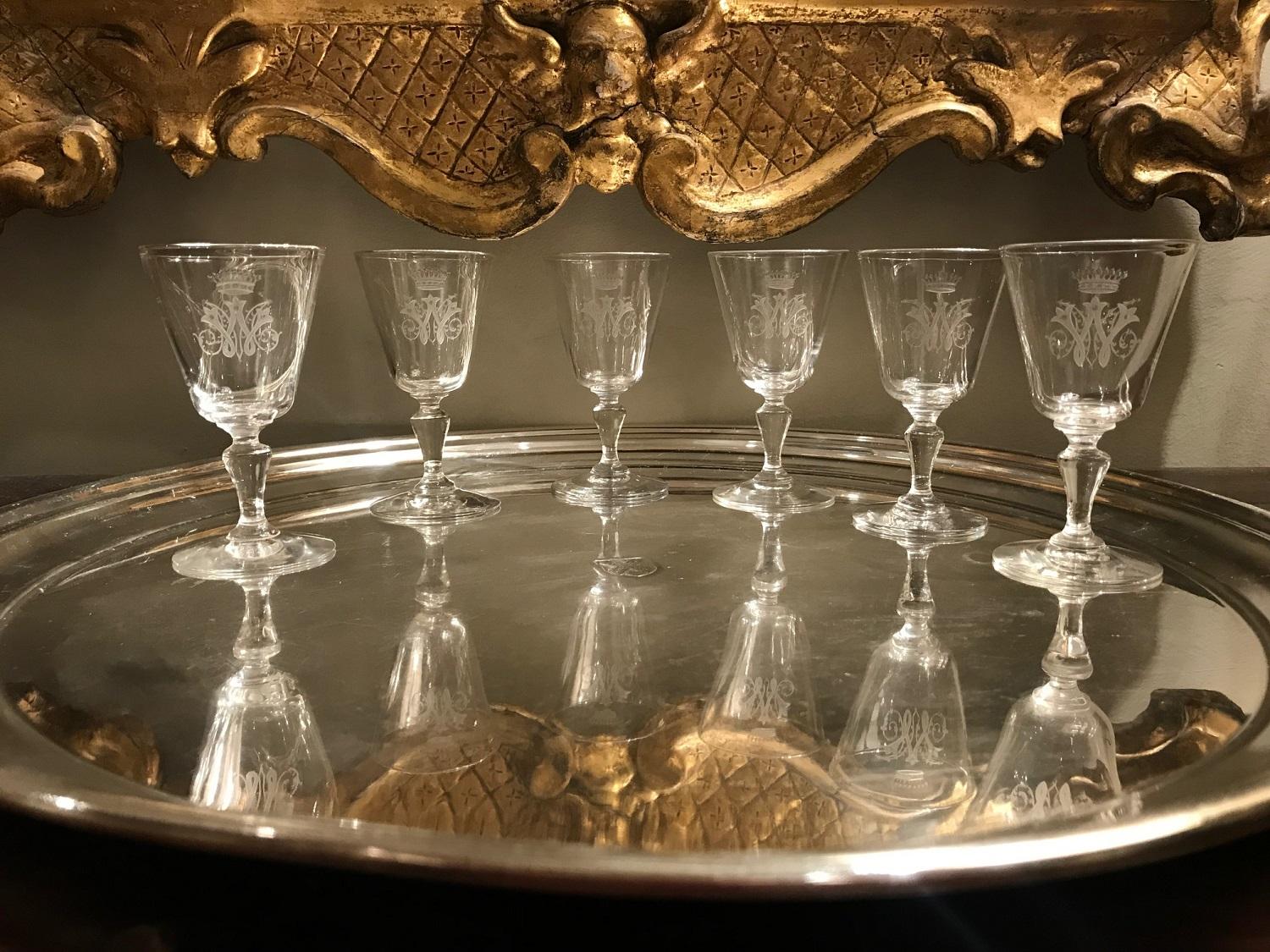 A set of 6 exquisite 19th century French crystal liquor glasses engraved with monogram and coronet. Unsigned but of Baccarat quality.