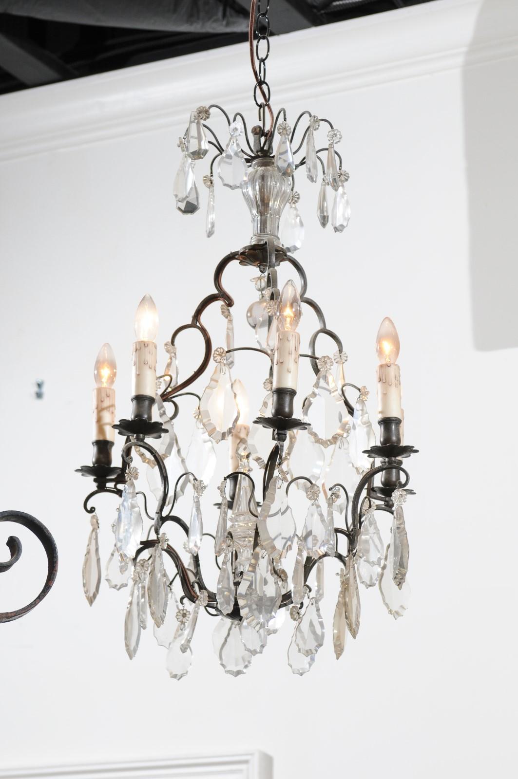 French 19th Century Crystal Six-Light Chandelier with Iron Armature and Obelisk In Good Condition For Sale In Atlanta, GA
