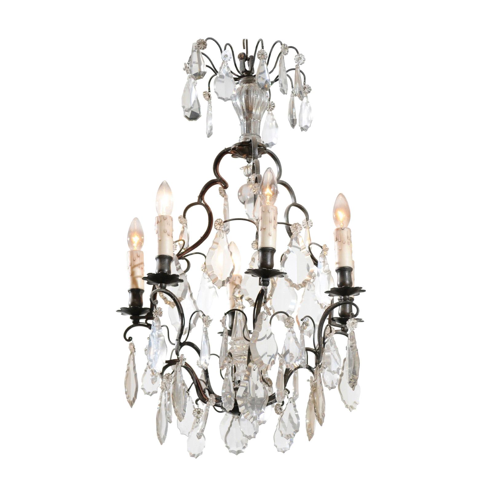 French 19th Century Crystal Six-Light Chandelier with Iron Armature and Obelisk For Sale