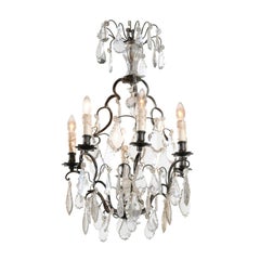 Antique French 19th Century Crystal Six-Light Chandelier with Iron Armature and Obelisk