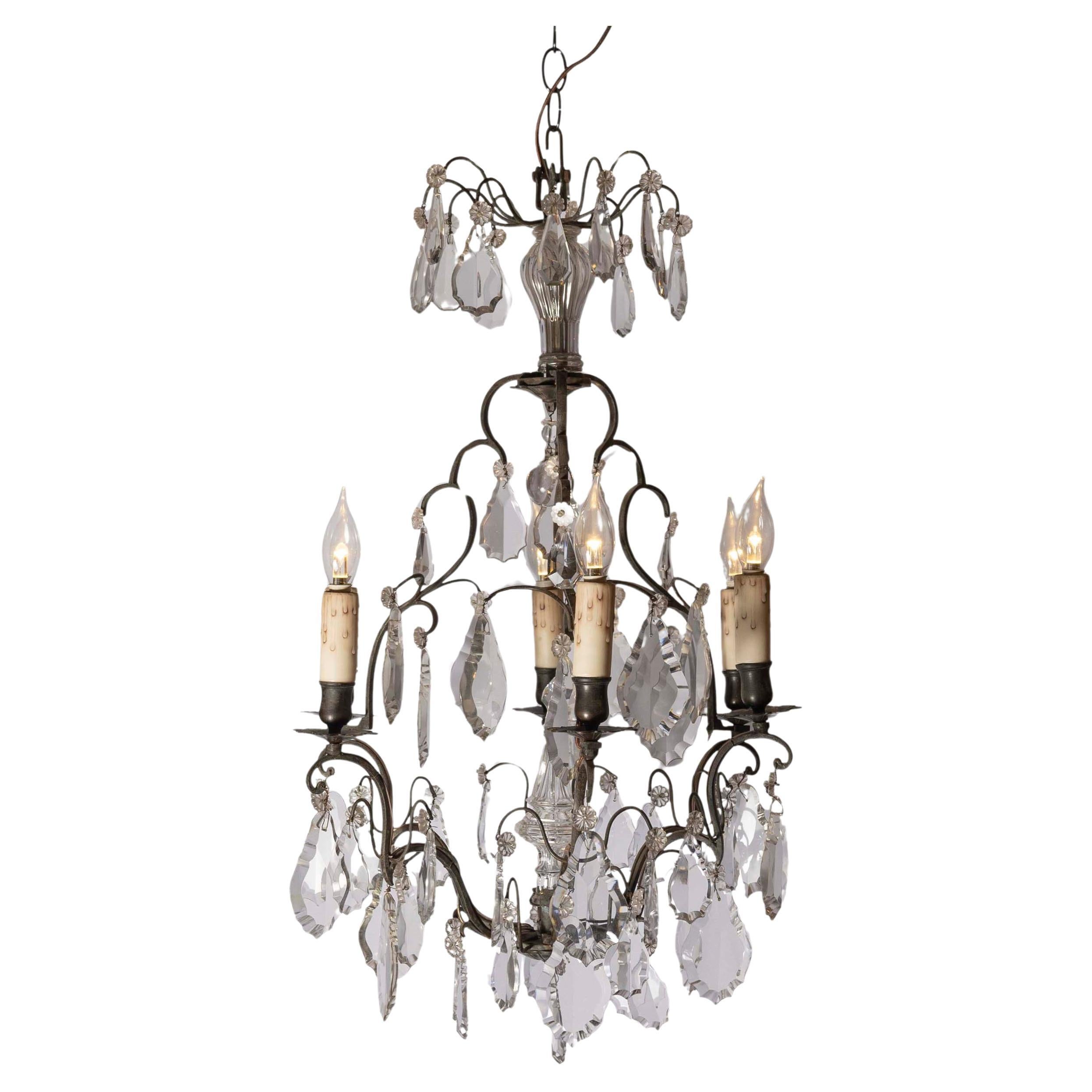 French 19th Century Crystal Six-Light Chandelier with Iron Armature and Obelisk