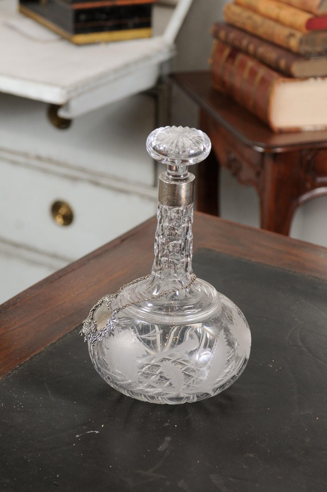 French 19th Century Cut Glass and Silver Decanter with Etched Foliage and Birds 7