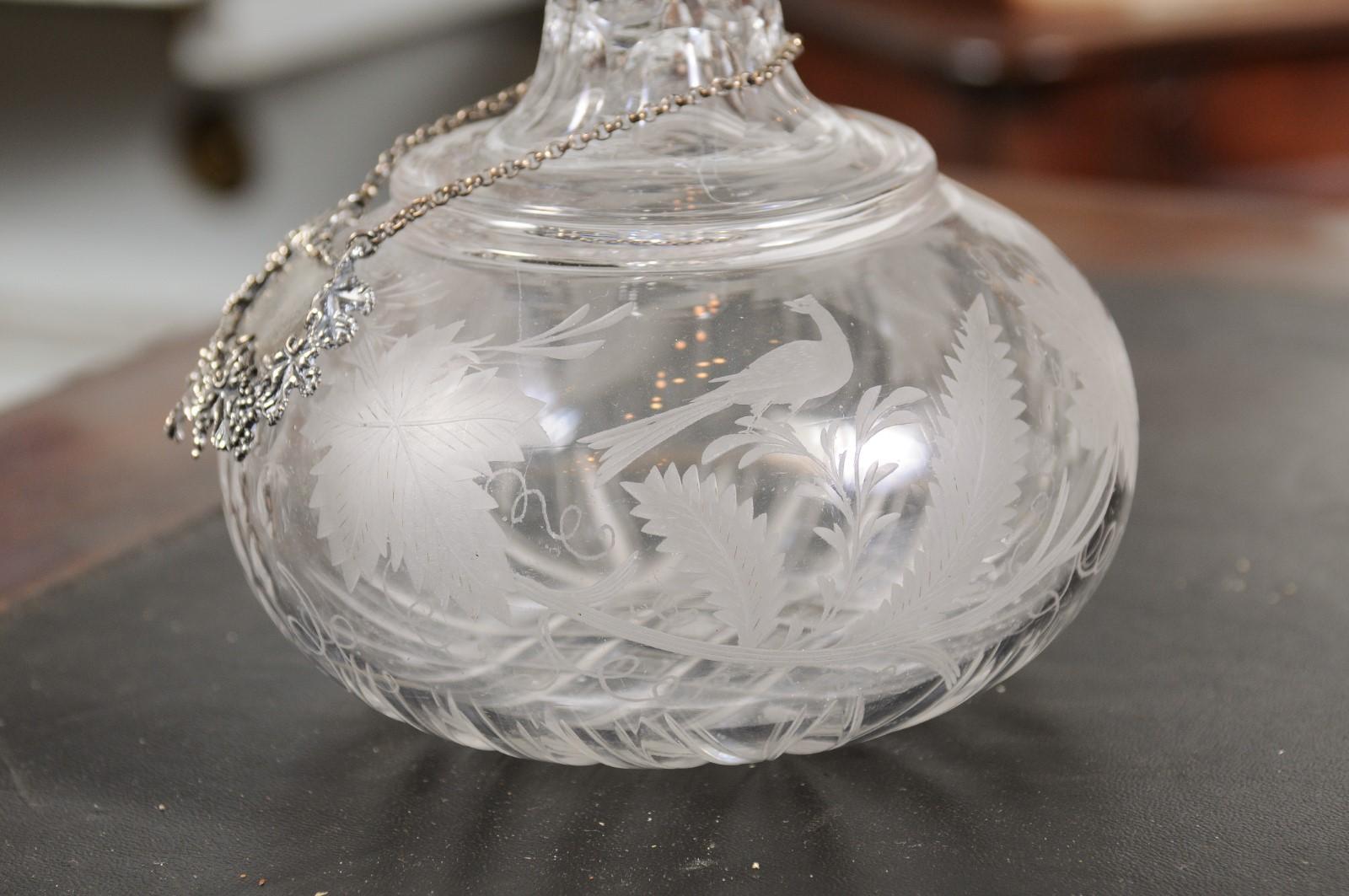 French 19th Century Cut Glass and Silver Decanter with Etched Foliage and Birds 8