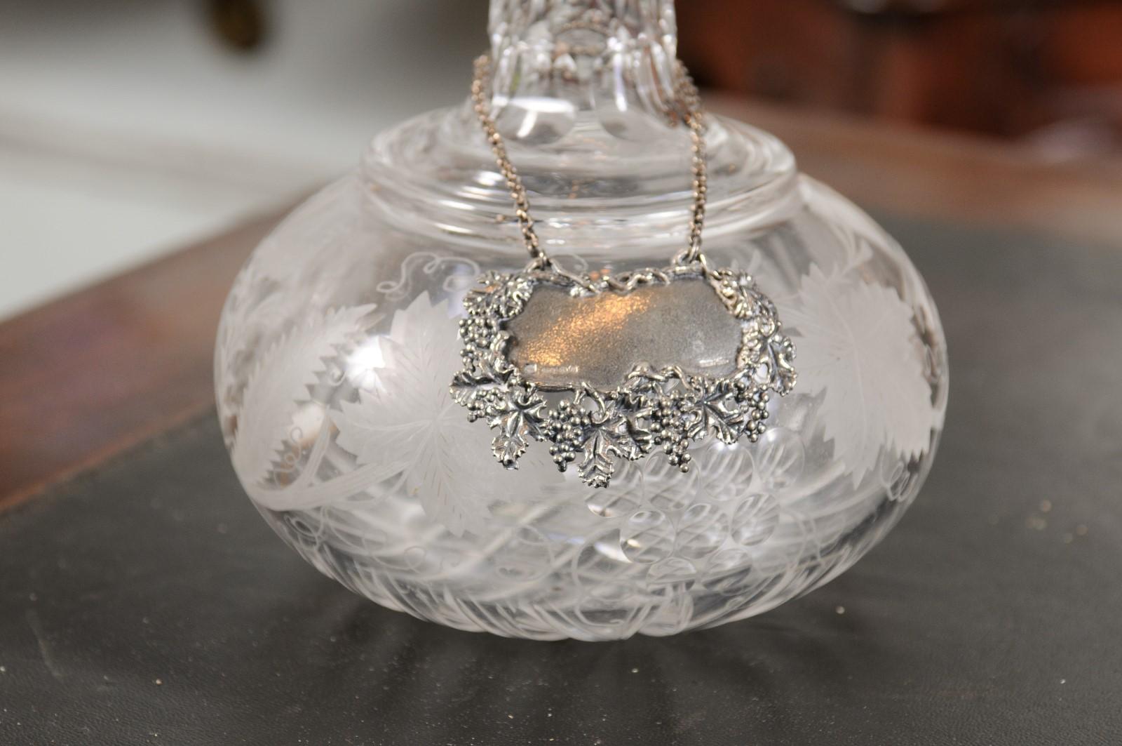 French 19th Century Cut Glass and Silver Decanter with Etched Foliage and Birds 3
