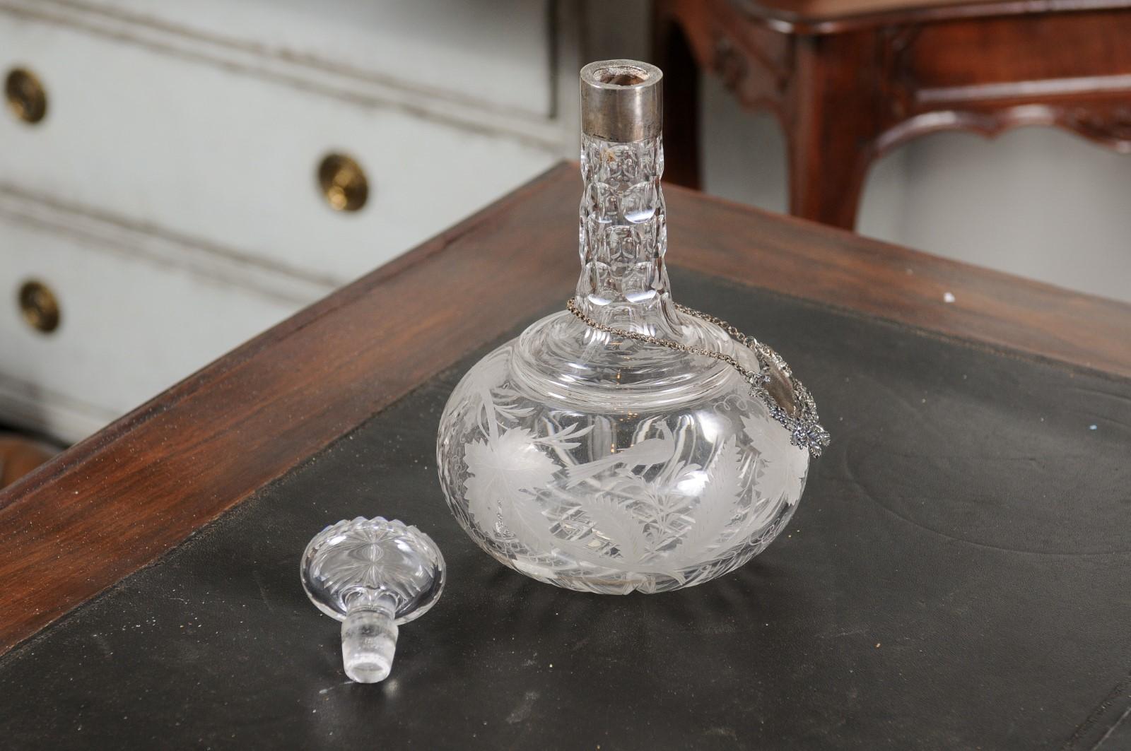 French 19th Century Cut Glass and Silver Decanter with Etched Foliage and Birds 4