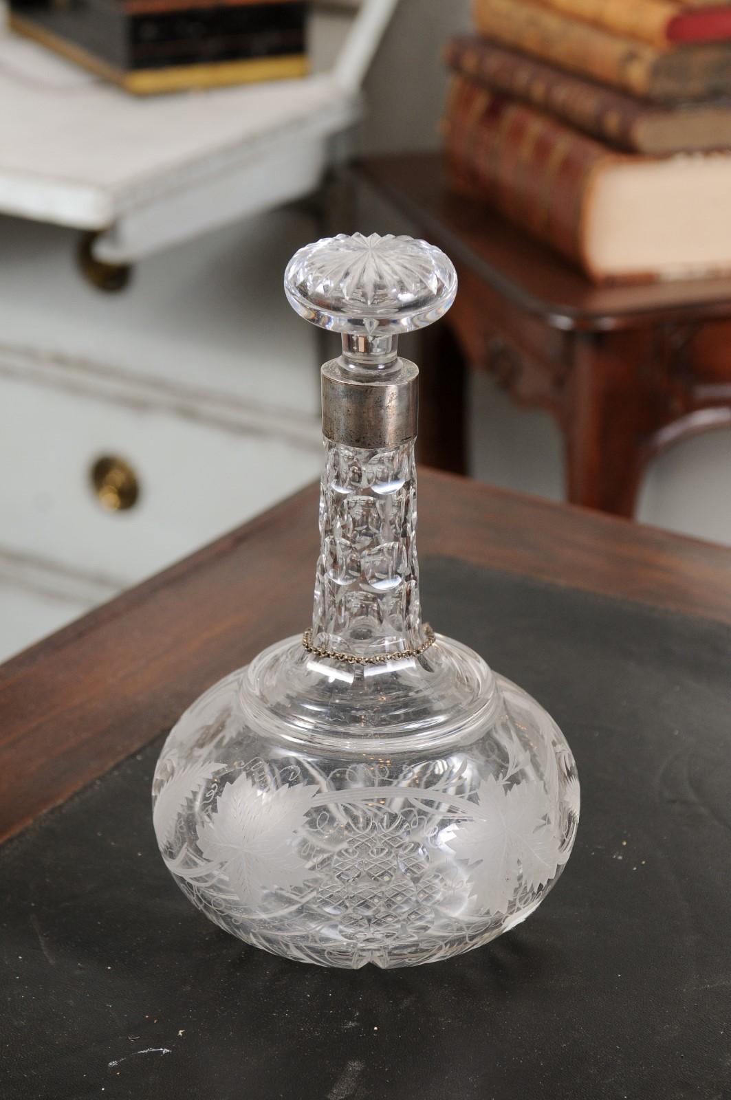 French 19th Century Cut Glass and Silver Decanter with Etched Foliage and Birds 5