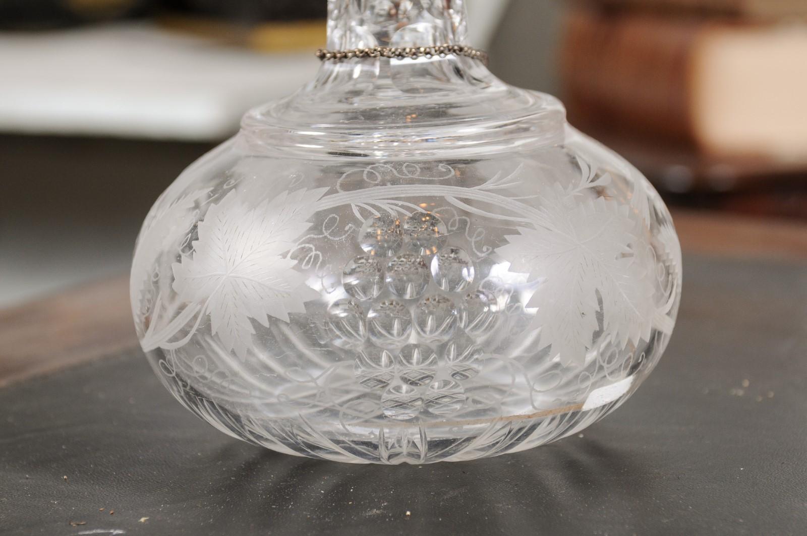 French 19th Century Cut Glass and Silver Decanter with Etched Foliage and Birds 6