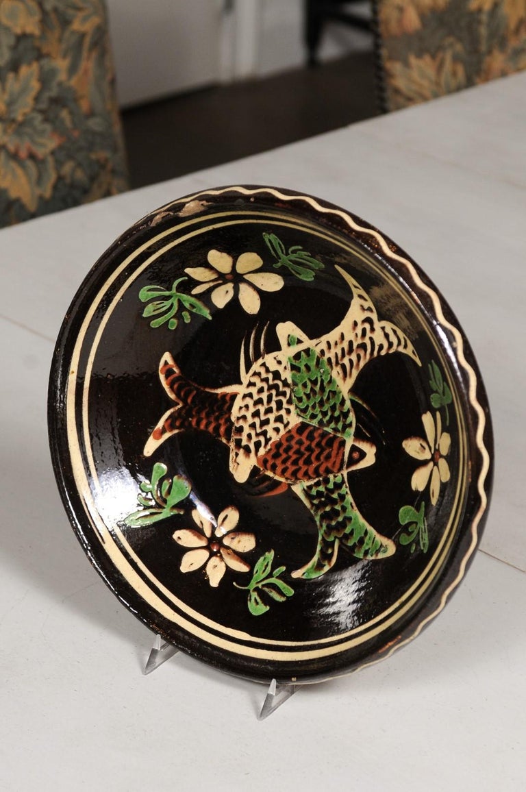 French 19th Century Dark Brown Glazed Pottery Plate with Fish and Floral Décor For Sale 8