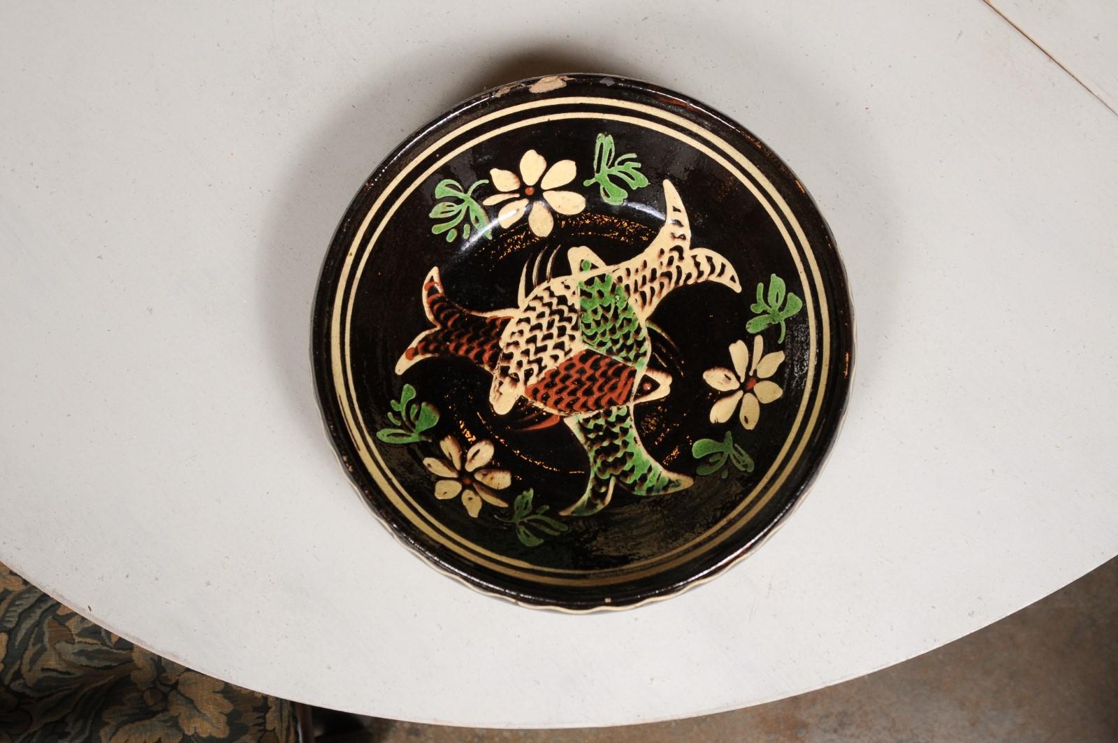 French 19th Century Dark Brown Glazed Pottery Plate with Fish and Floral Décor 9