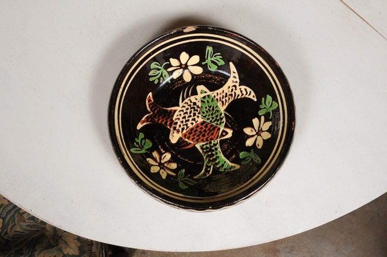 French 19th Century Dark Brown Glazed Pottery Plate with Fish and Floral Décor For Sale 10
