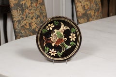 French 19th Century Dark Brown Glazed Pottery Plate with Fish and Floral Décor