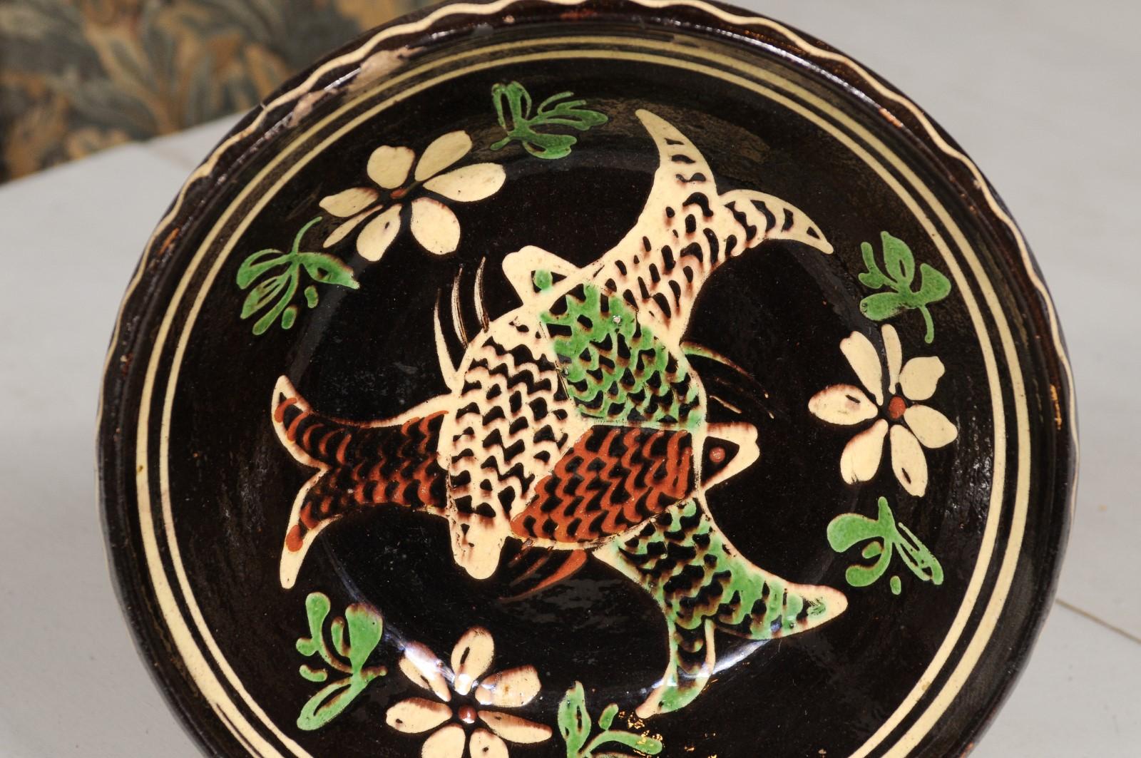 French 19th Century Dark Brown Glazed Pottery Plate with Fish and Floral Décor In Good Condition In Atlanta, GA