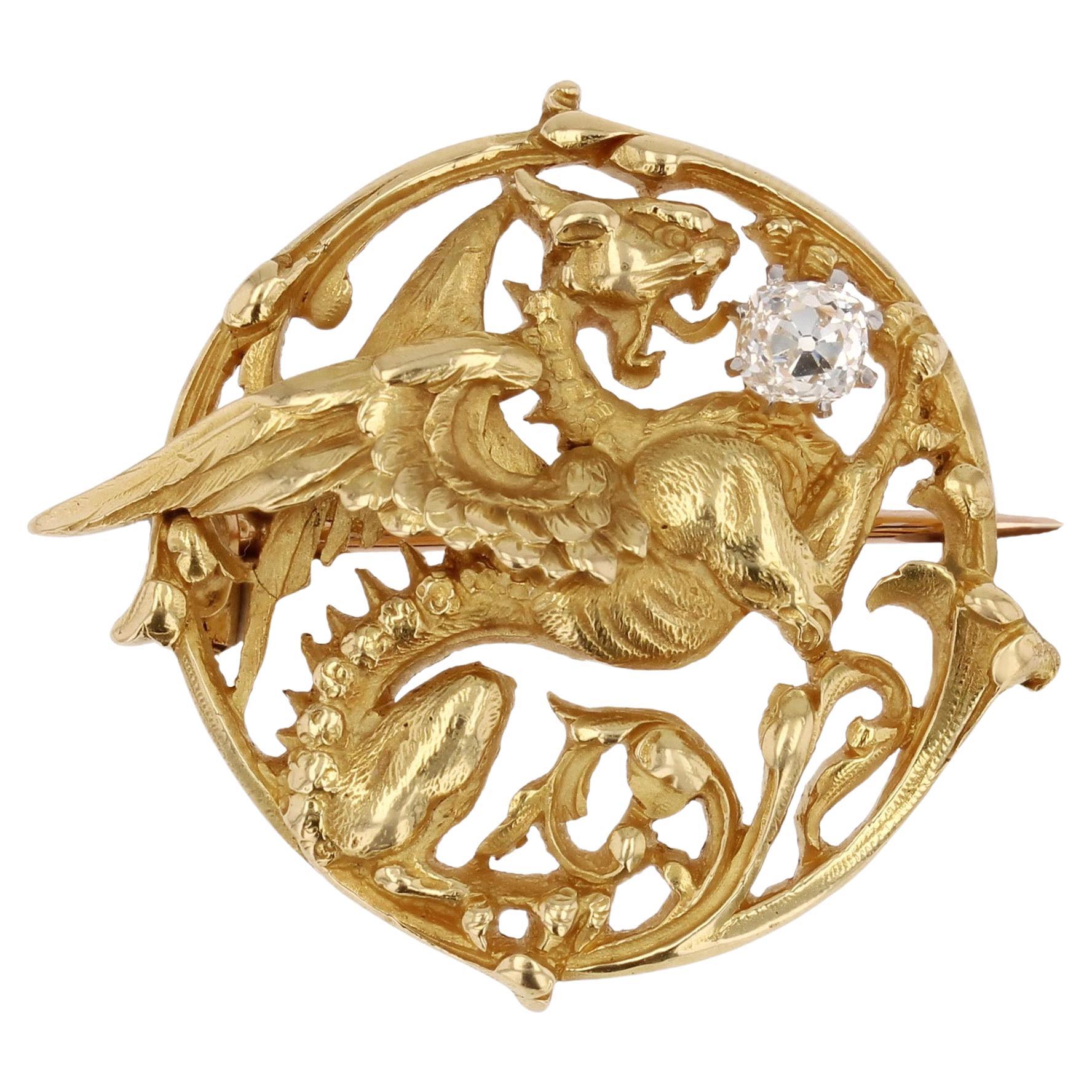 French 19th Century Diamond 18 Karat Yellow Gold Chimera Brooch