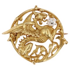 French 19th Century Diamond 18 Karat Yellow Gold Chimera Brooch