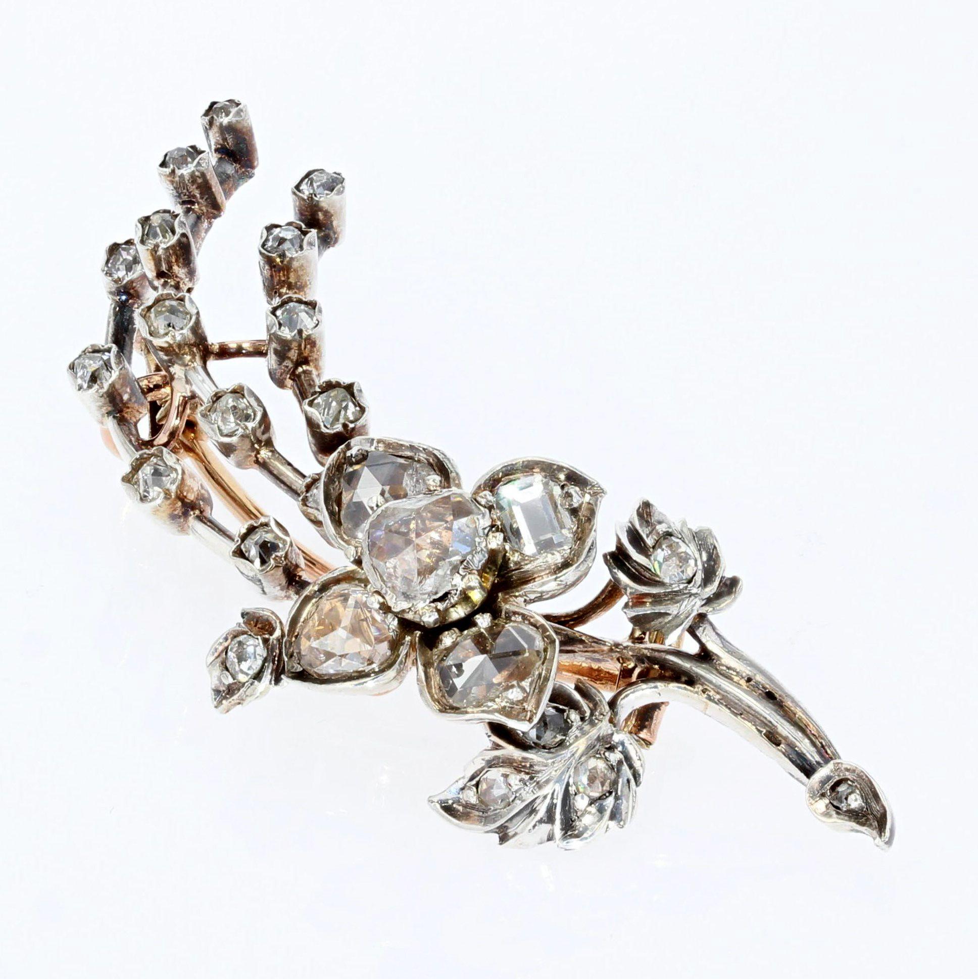 French 19th Century Diamond 18 Karat Yellow Gold Flowering Branch Brooch For Sale 7