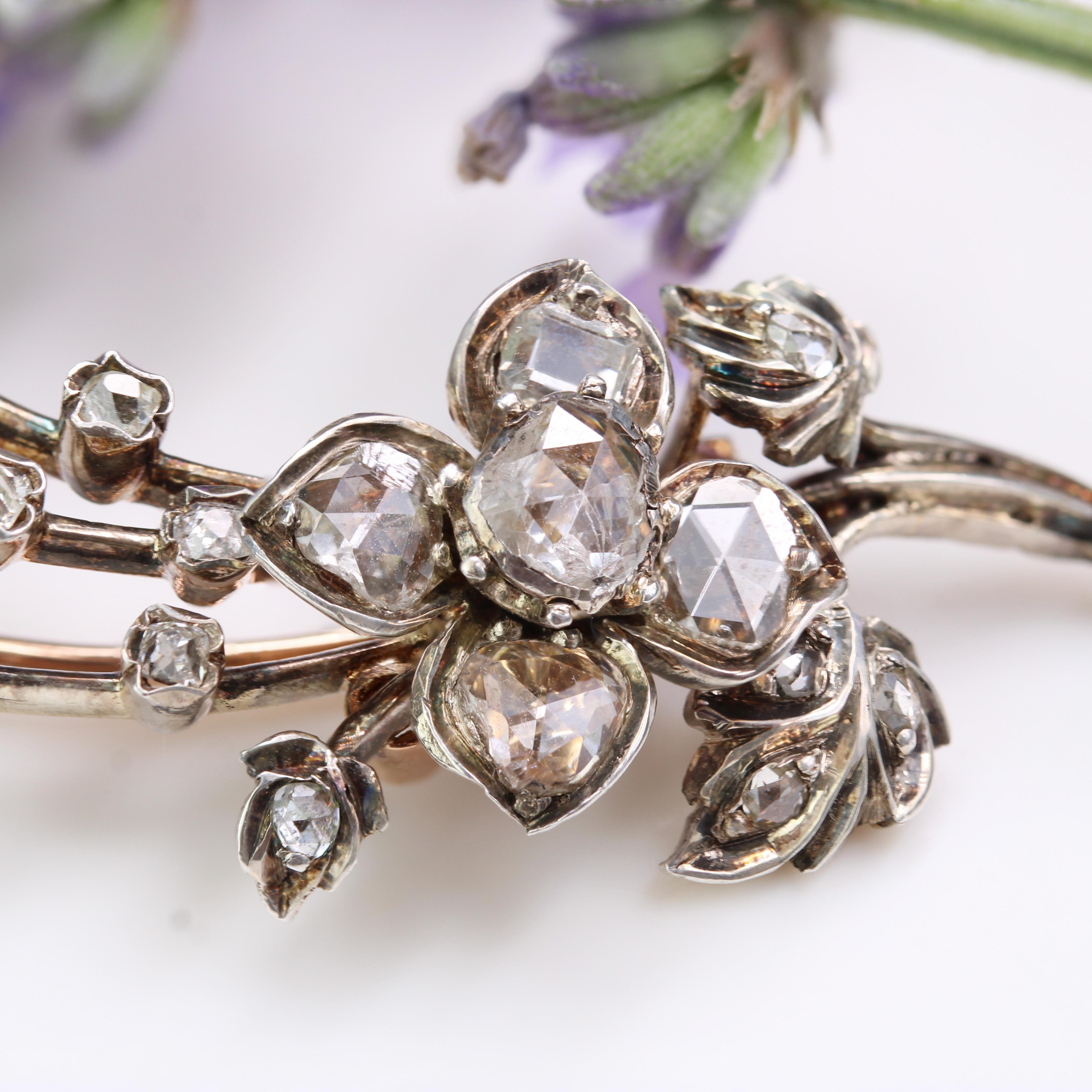 French 19th Century Diamond 18 Karat Yellow Gold Flowering Branch Brooch For Sale 13