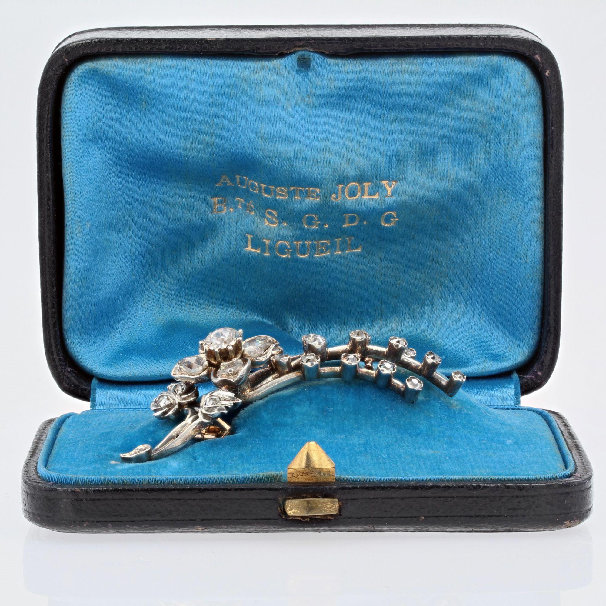 Rose Cut French 19th Century Diamond 18 Karat Yellow Gold Flowering Branch Brooch For Sale