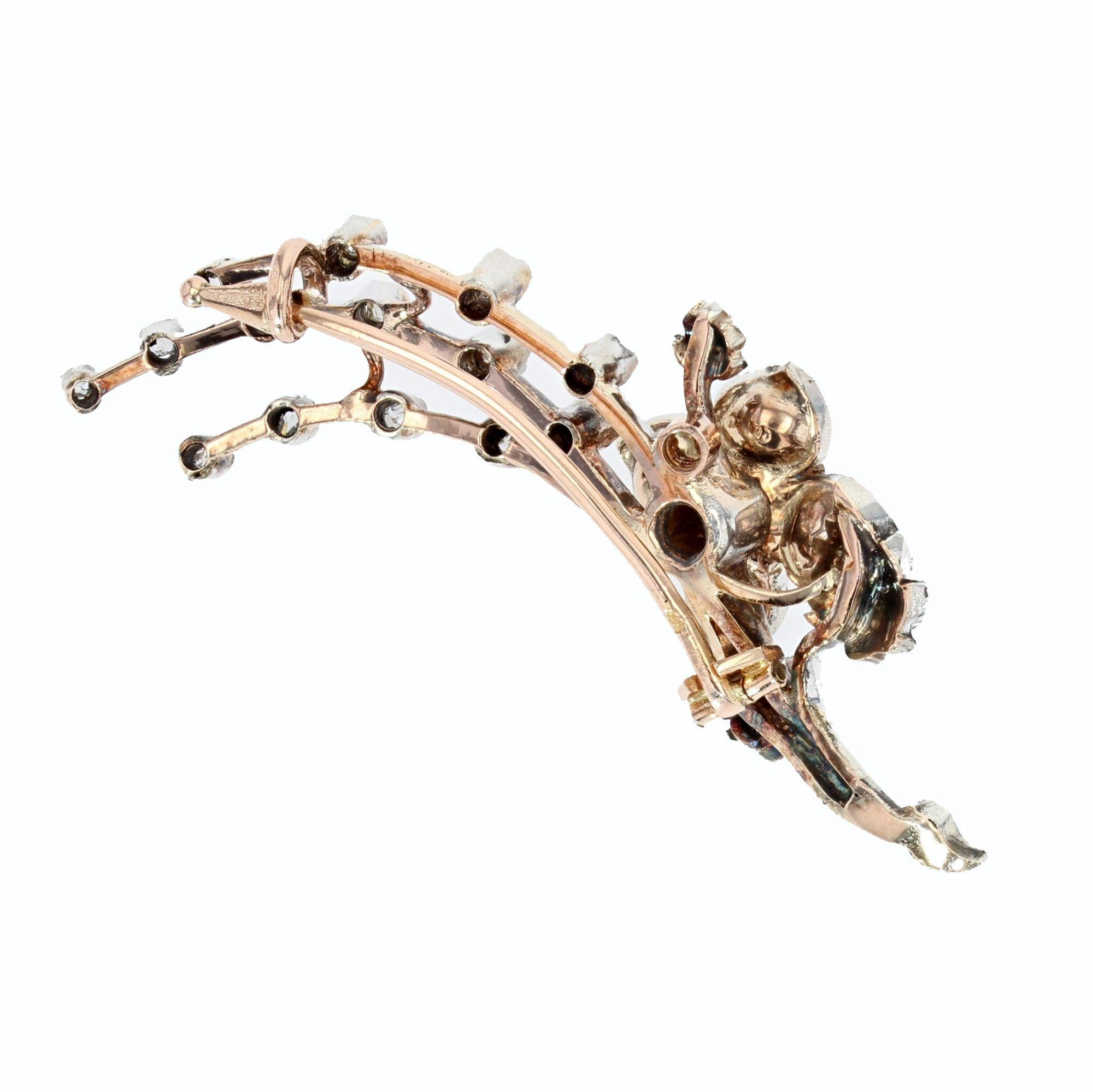 Rose Cut French 19th Century Diamond 18 Karat Yellow Gold Flowering Branch Brooch For Sale