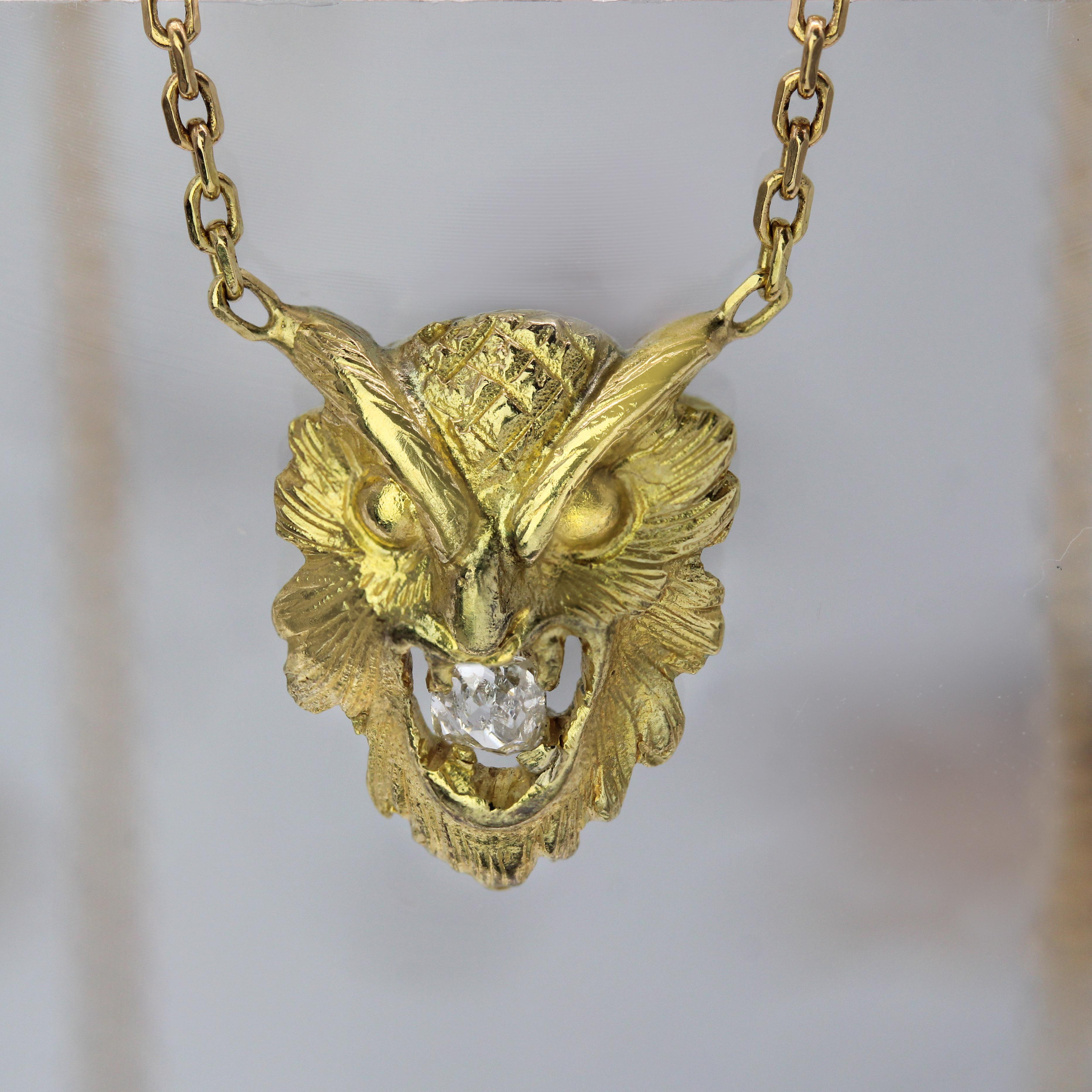 Ciondolo gufo francese del XIX secolo con diamante in oro giallo 18 carati in vendita 6