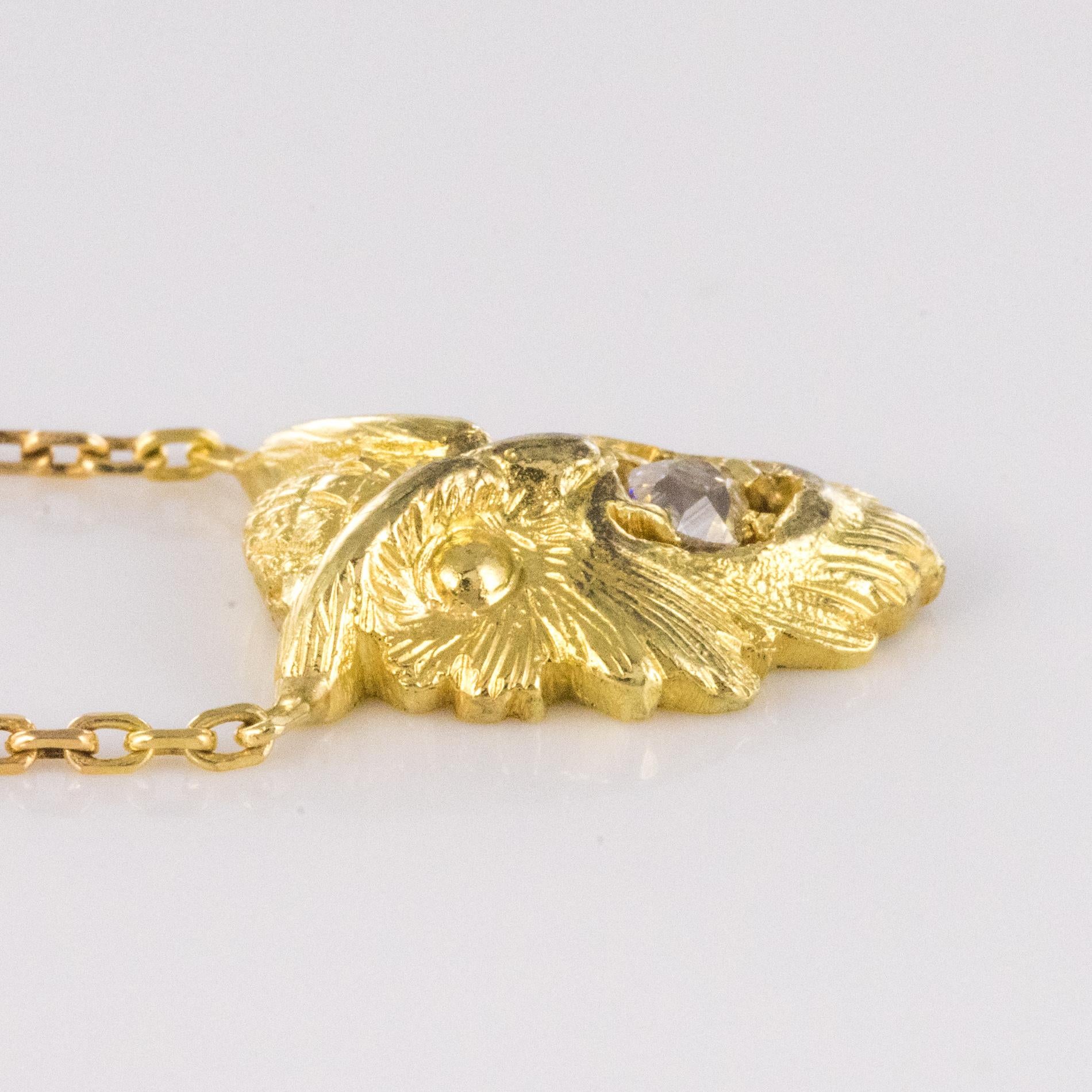 French 19th Century Diamond 18 Karat Yellow Gold Owl Pendant For Sale 1
