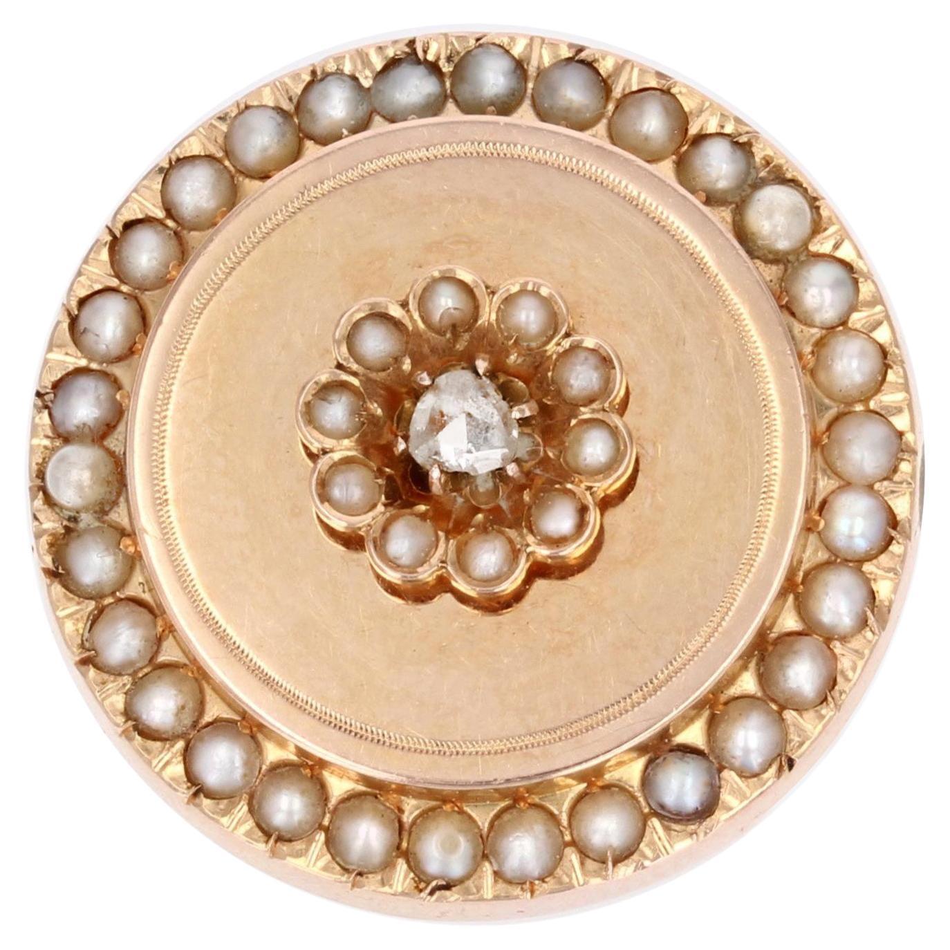 French 19th Century Diamond Fine Pearls 18 Karat Rose Gold Brooch For Sale