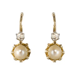 Antique French 19th Century Diamond Natural Pearl Drop Earrings