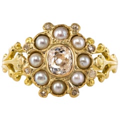 French 19th Century Diamond Natural Pearls 18 Karat Yellow Gold Ring French 19th Century Diamond Natural Pearls 18 Karat Yellow Gold Ring