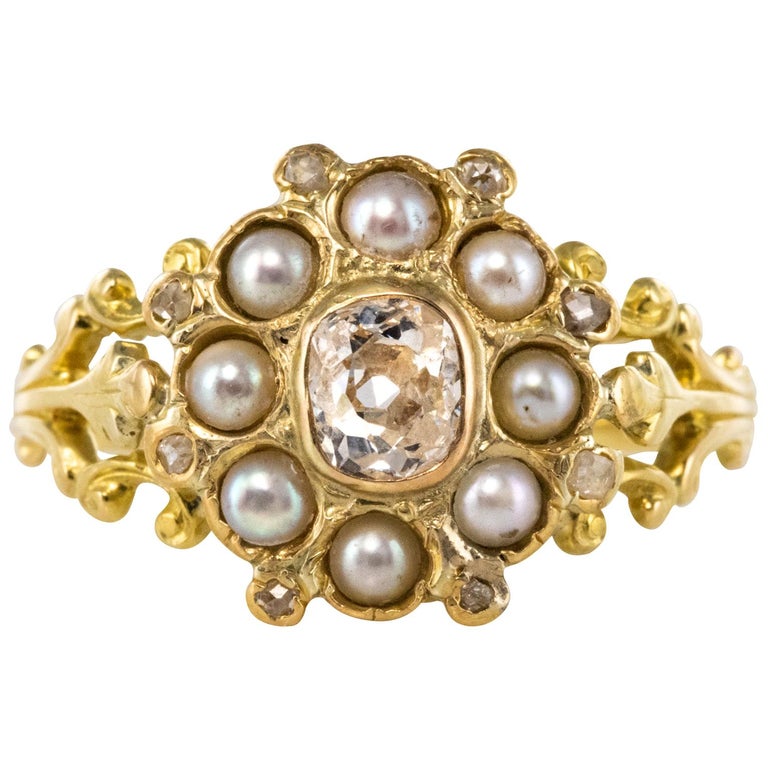 French 19th Century Diamond Natural Pearls 18 Karat Yellow Gold Ring ...
