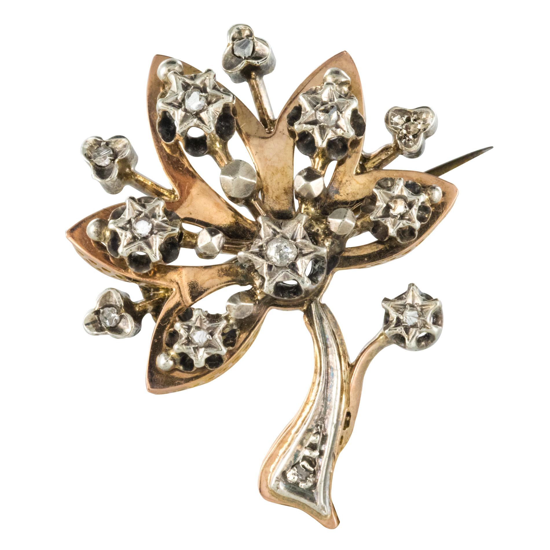 French 19th Century Diamond Rose Gold Tree Brooch
