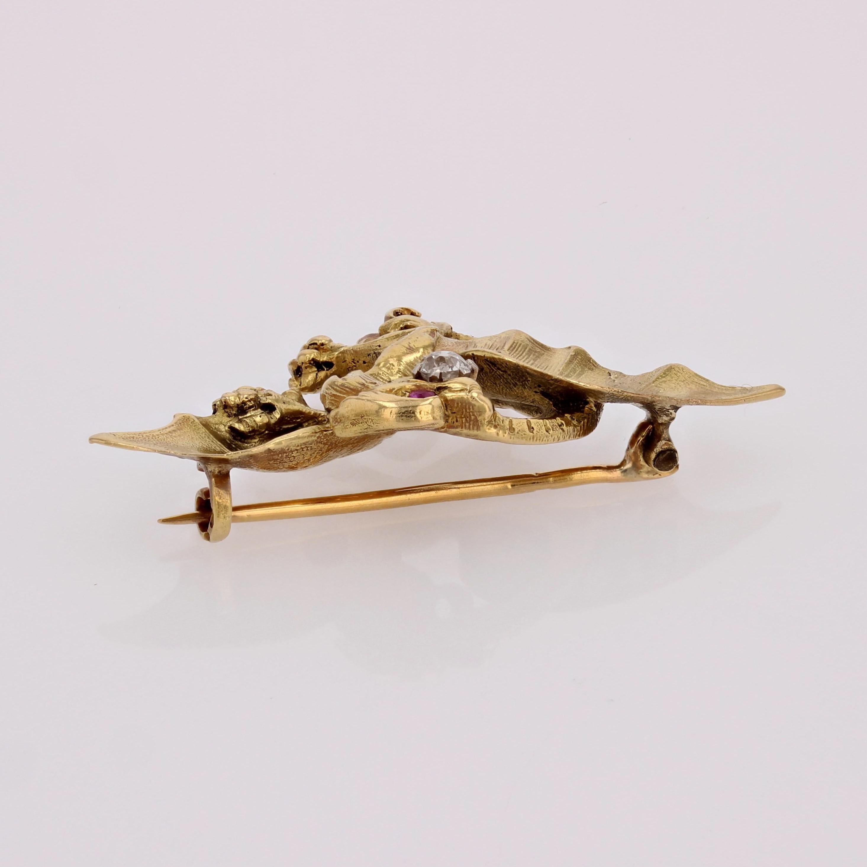 French 19th Century Diamond Ruby 18 Karat Yellow Gold Chimera Brooch For Sale 4