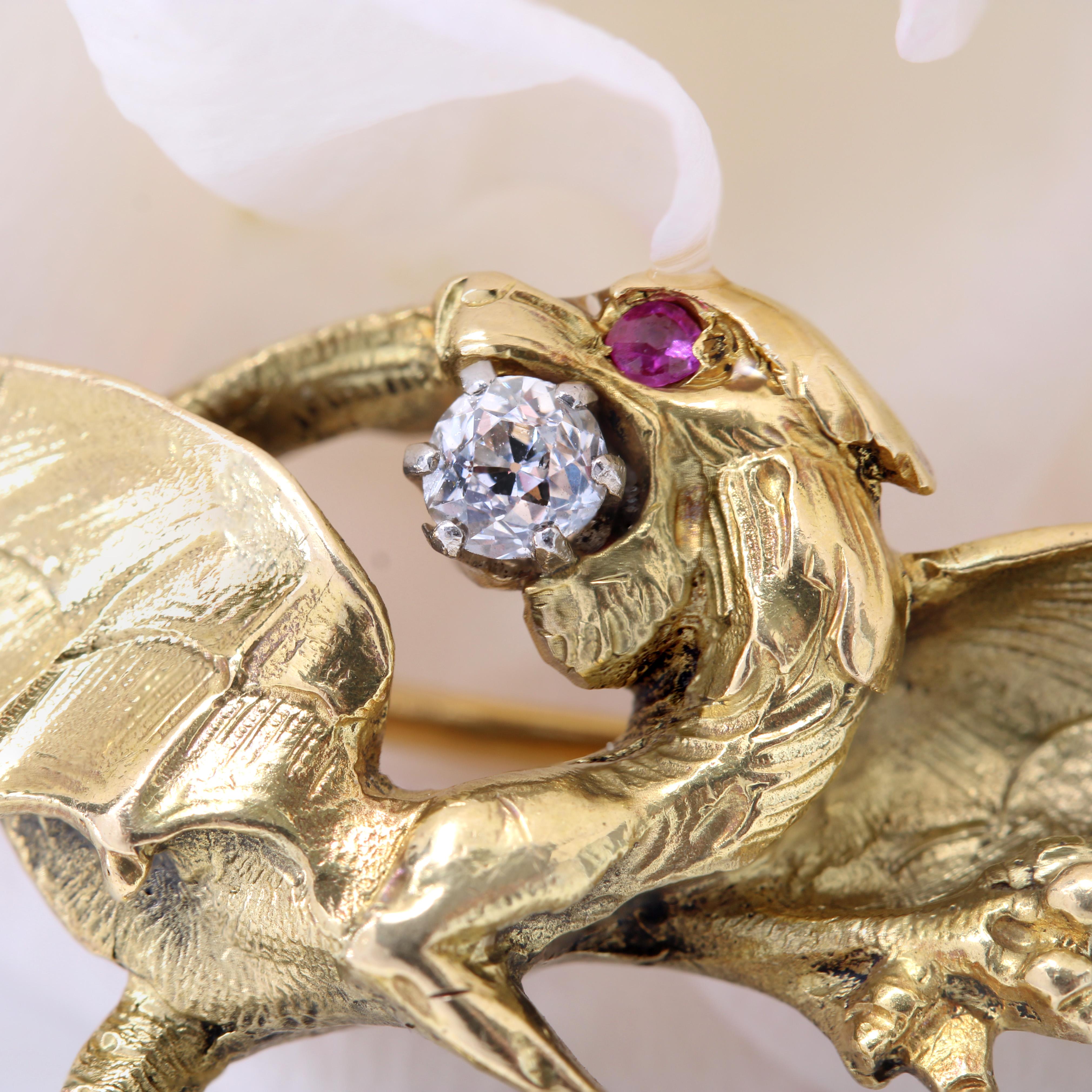 French 19th Century Diamond Ruby 18 Karat Yellow Gold Chimera Brooch For Sale 5