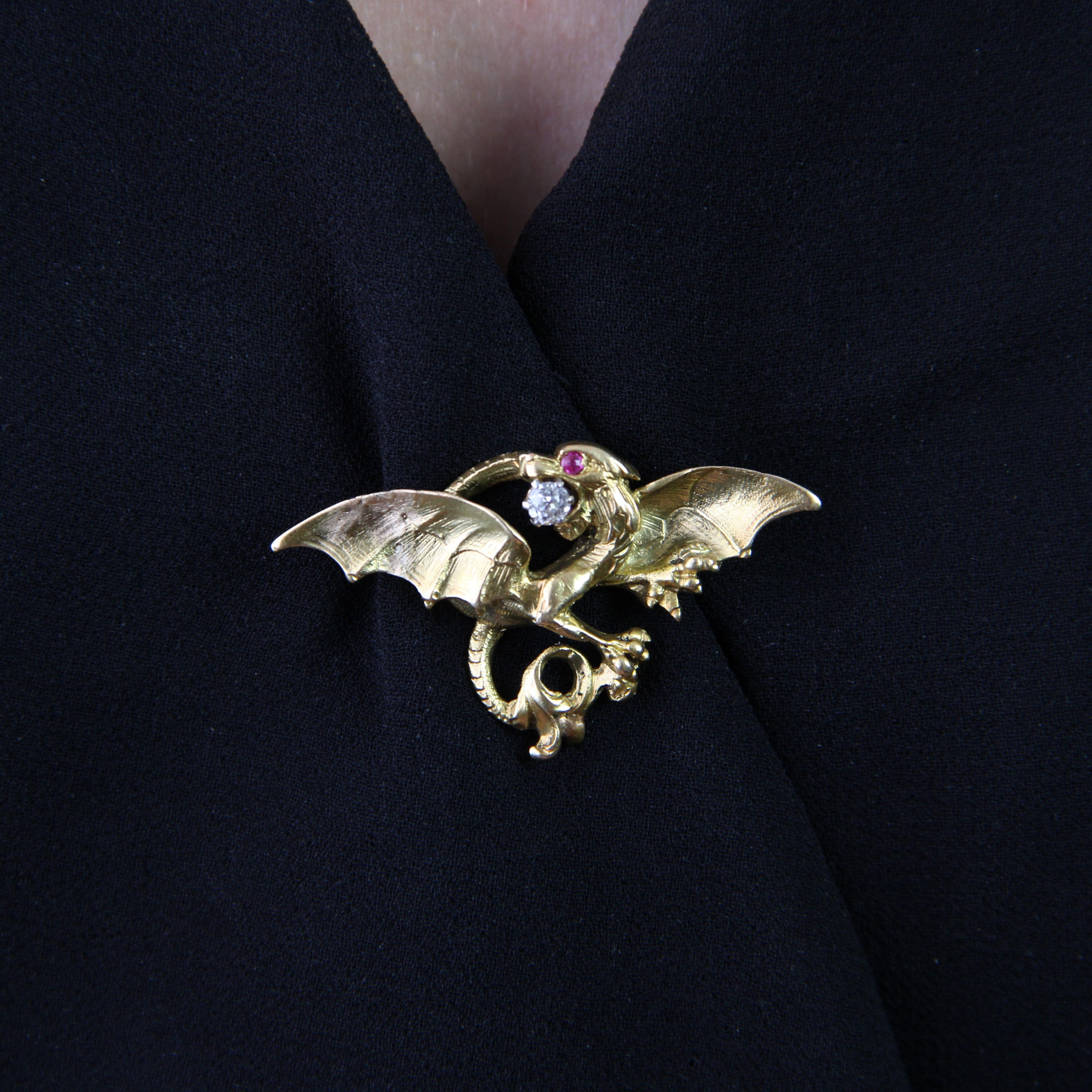 French 19th Century Diamond Ruby 18 Karat Yellow Gold Chimera Brooch For Sale 6