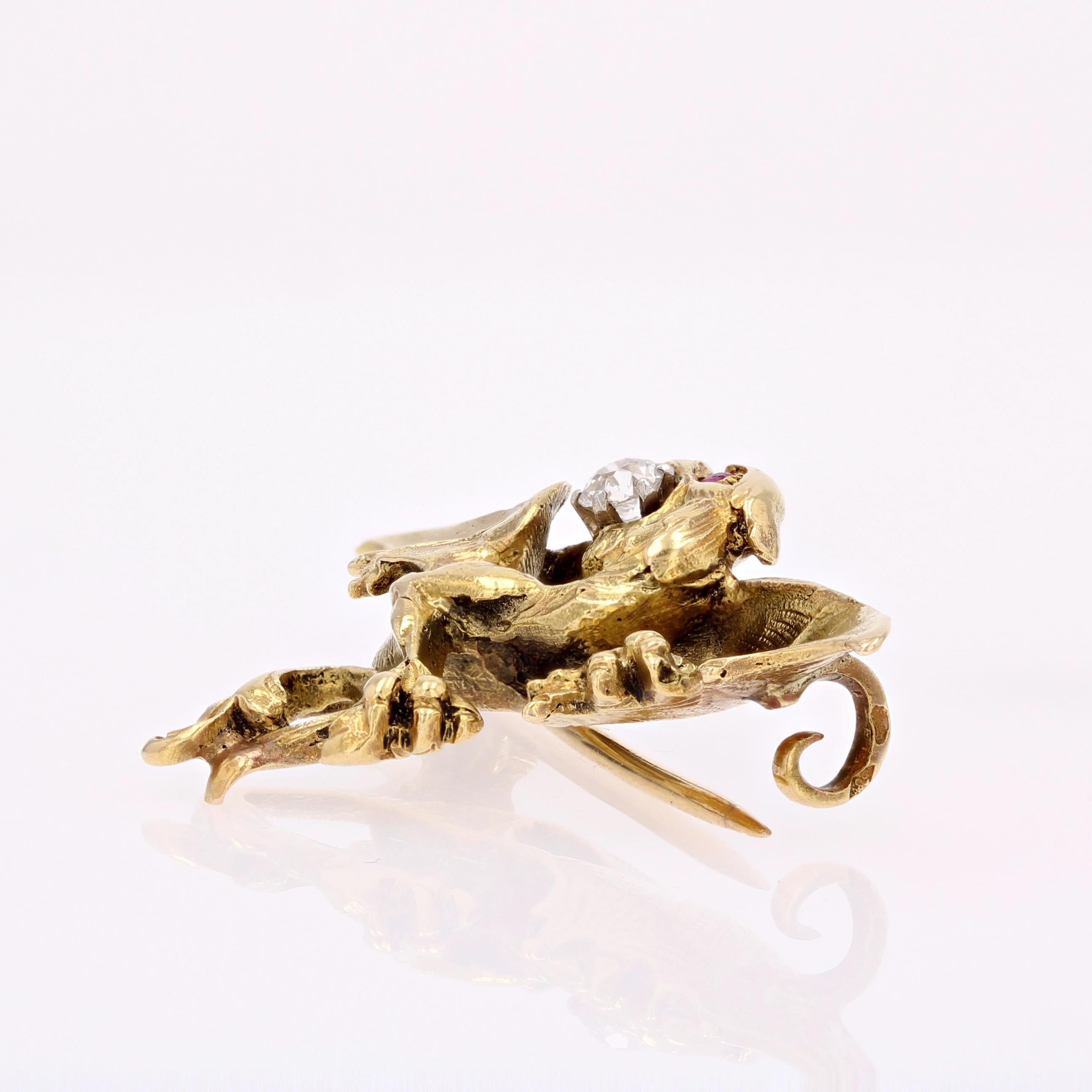 French 19th Century Diamond Ruby 18 Karat Yellow Gold Chimera Brooch For Sale 7
