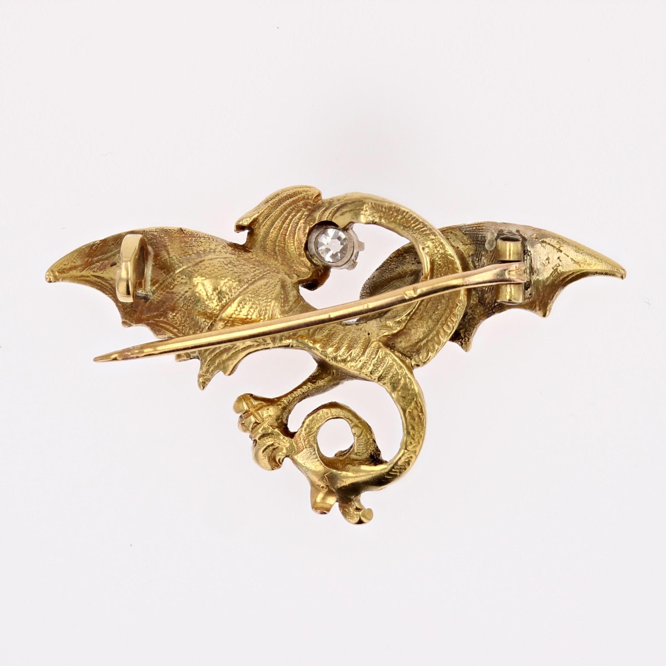 French 19th Century Diamond Ruby 18 Karat Yellow Gold Chimera Brooch For Sale 8