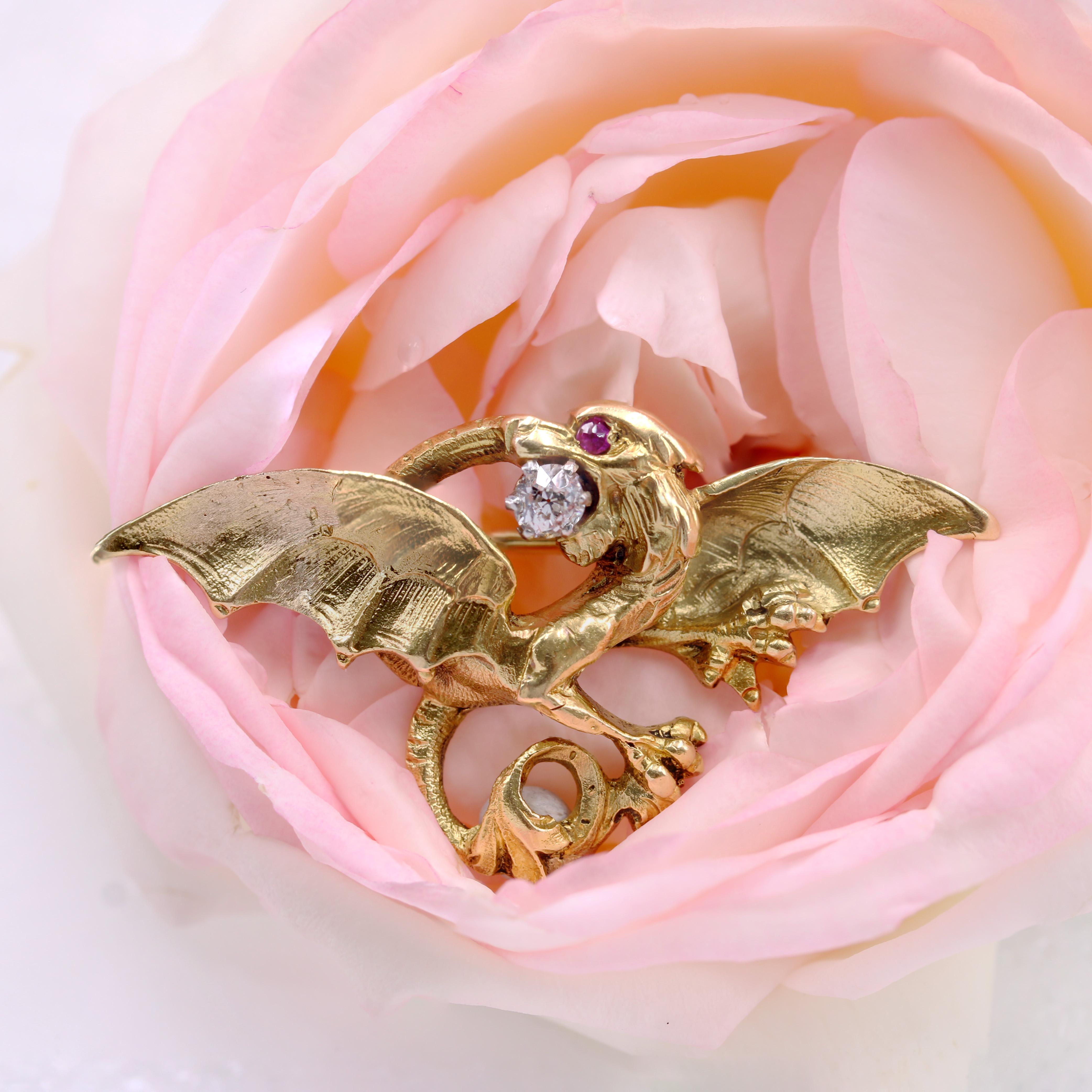 Napoleon III French 19th Century Diamond Ruby 18 Karat Yellow Gold Chimera Brooch For Sale