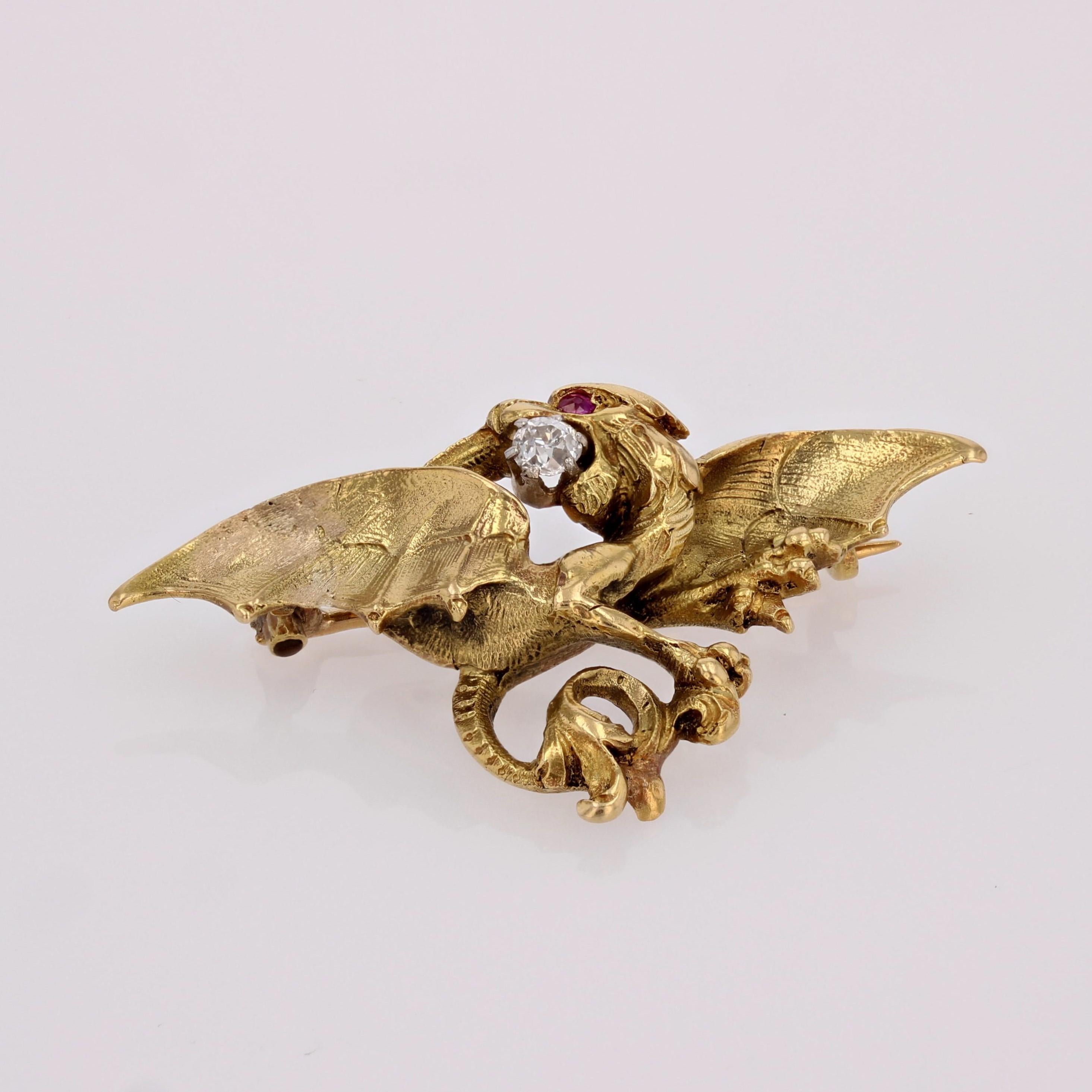 Round Cut French 19th Century Diamond Ruby 18 Karat Yellow Gold Chimera Brooch For Sale
