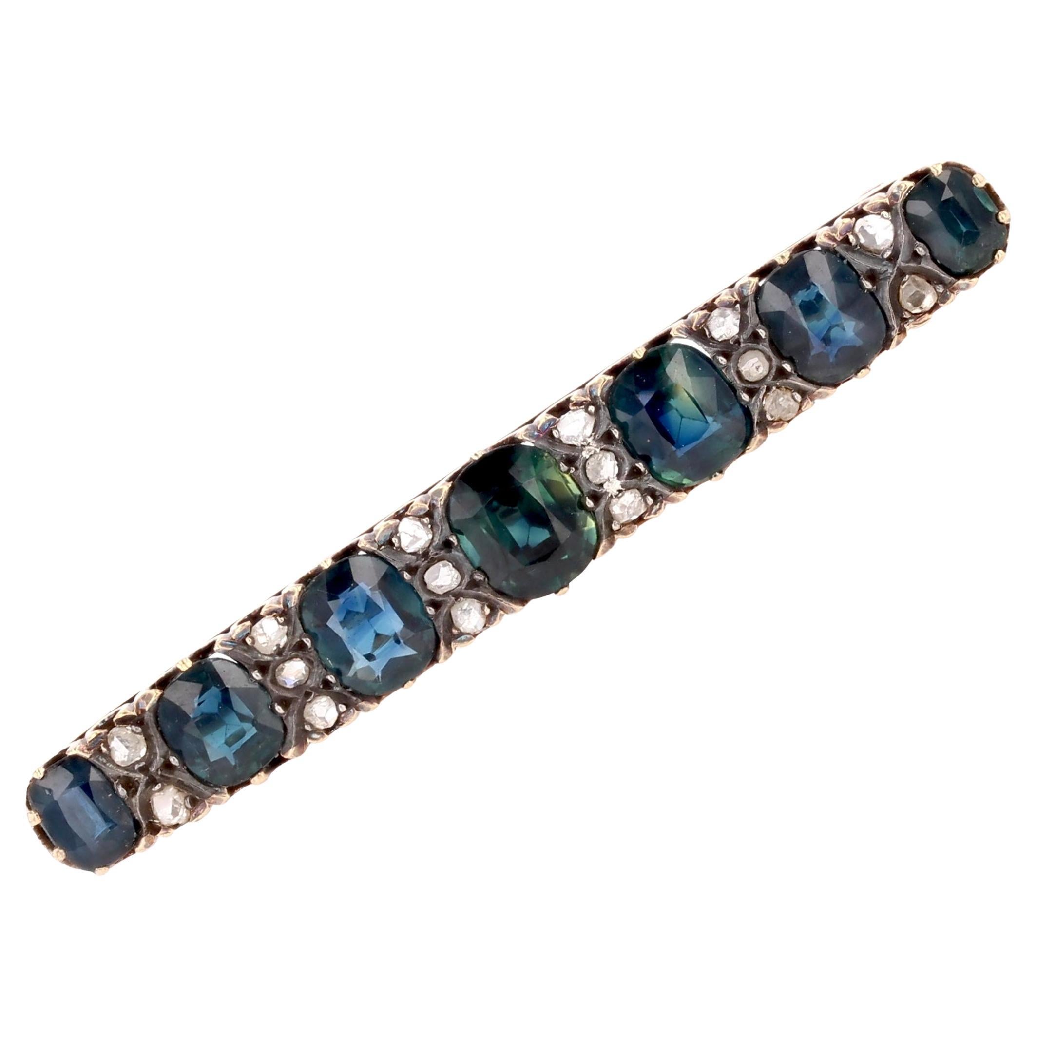 French 19th Century Diamond Sapphire 18 Karat Yellow Gold Silver Bar Brooch